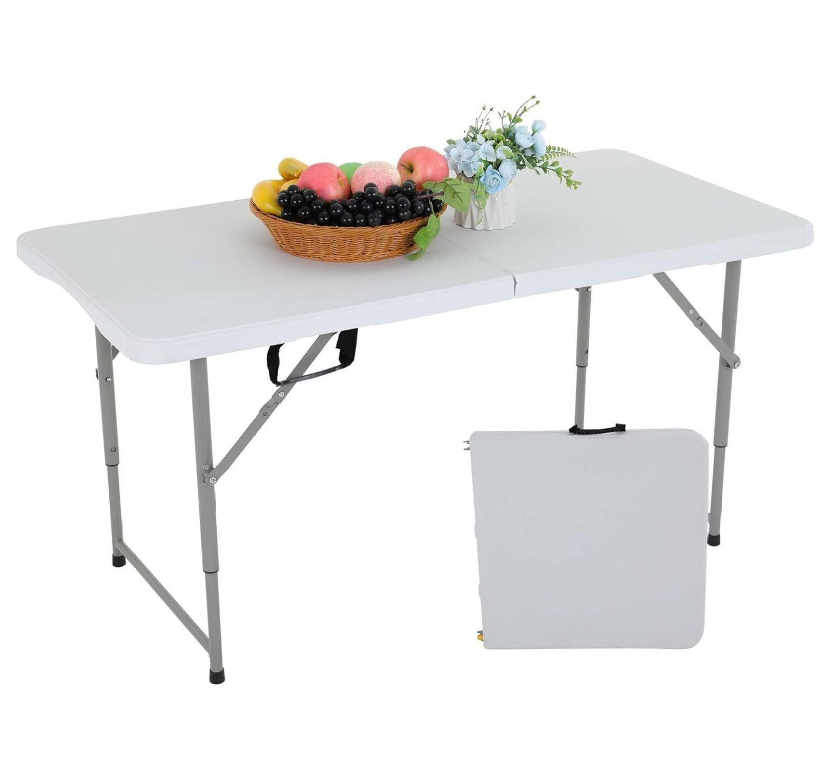 CL.HPAHKL 4 ft Folding Table with 3 Adjustable Height, Small Plastic Foldable Table with Carrying Handle, Portable Camping Table Fold in Half for Indoor Outdoor Camping, Picnic and Party, White