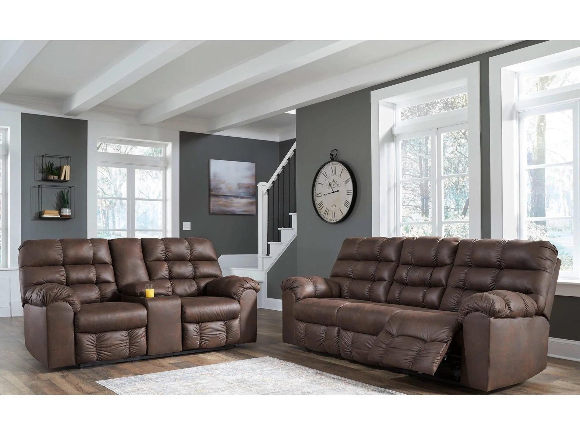 Nut Brown Faux Leather Reclining Sofa with Pillow-top Arm and Cup Holder