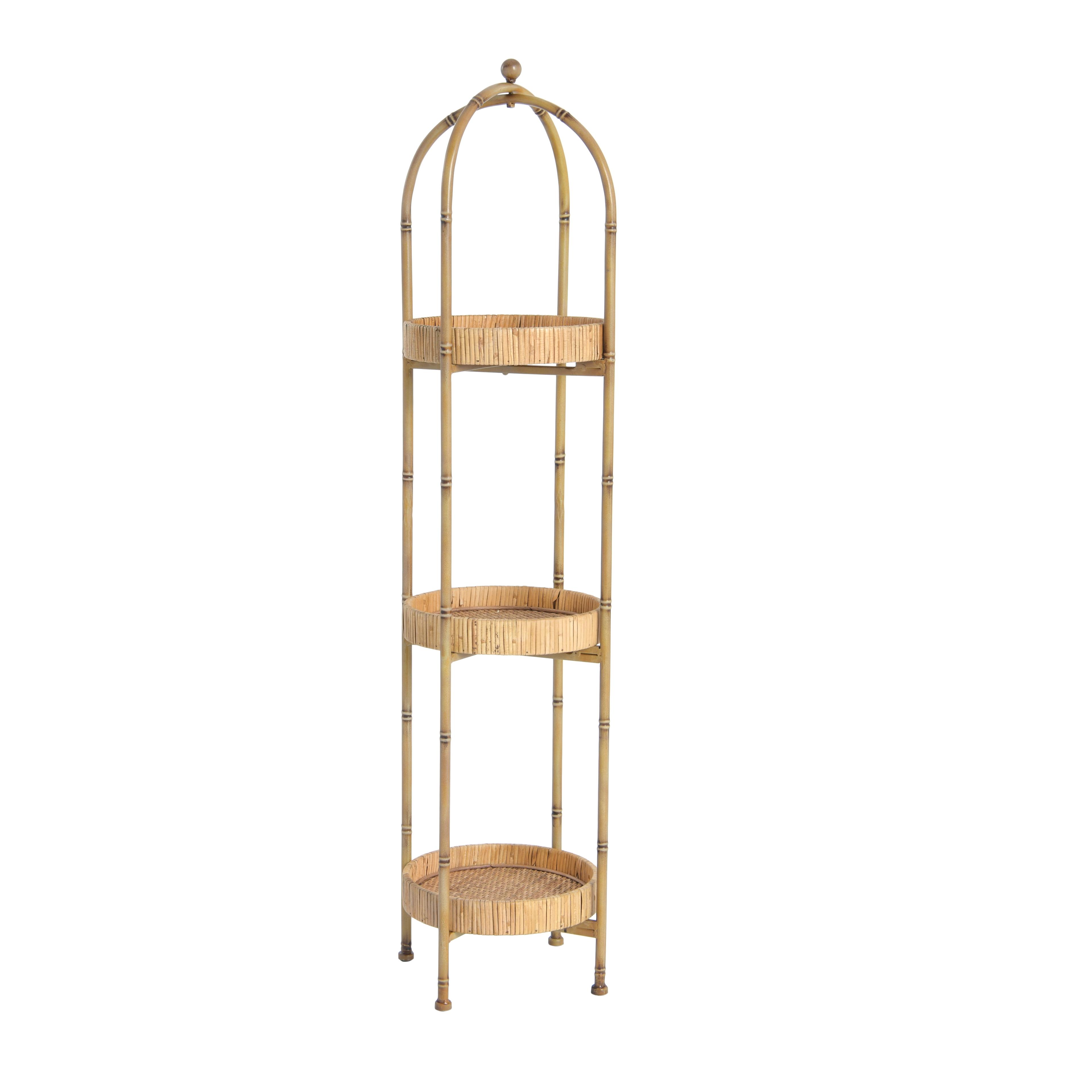 Bamboo-Inspired Metal Shelf with Rattan-Wrapped Trays, Brown