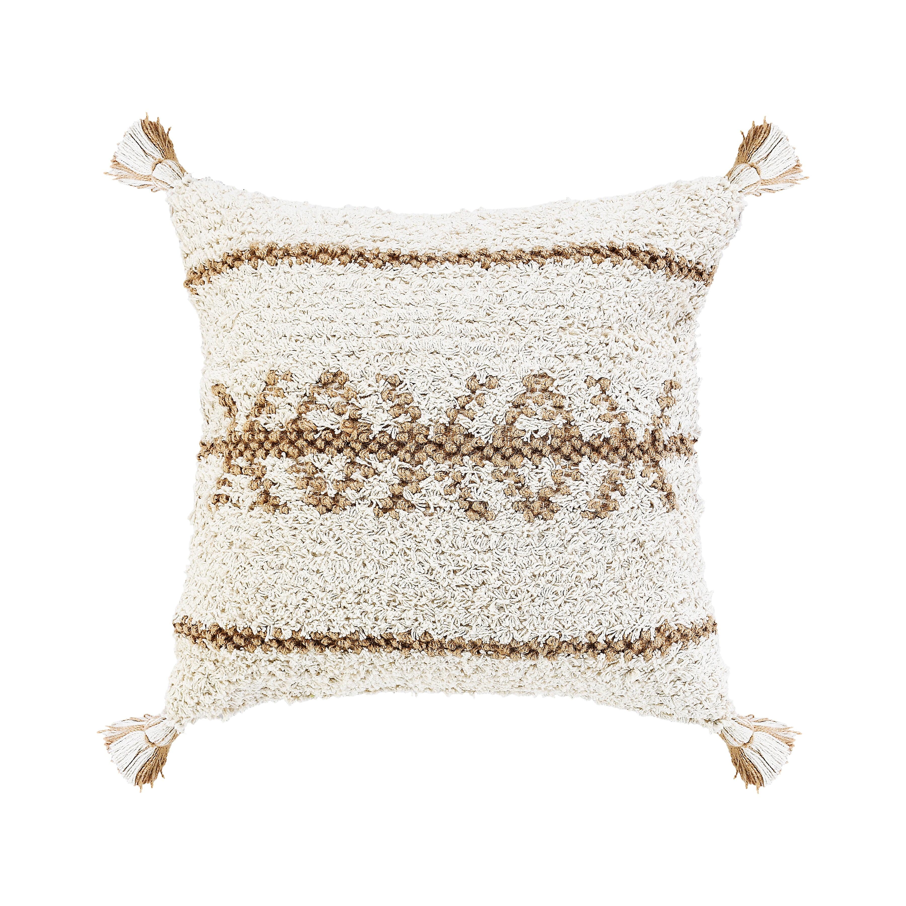 Boho-Chic Square Jute and Cotton Throw Pillow with Tassels