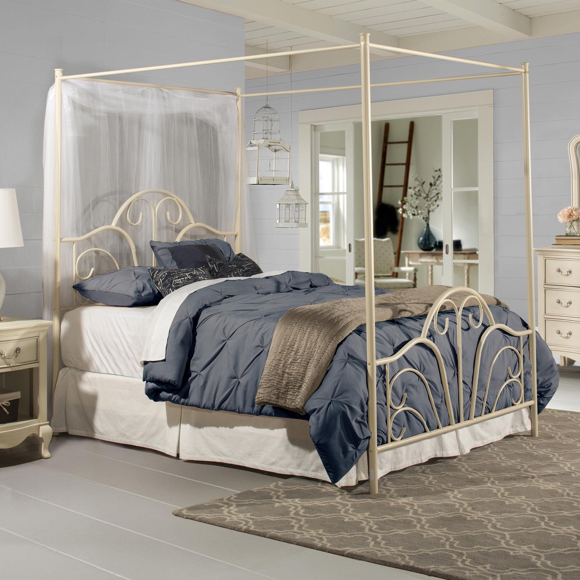 Cream Metal Frame Queen Bed with Scroll Headboard