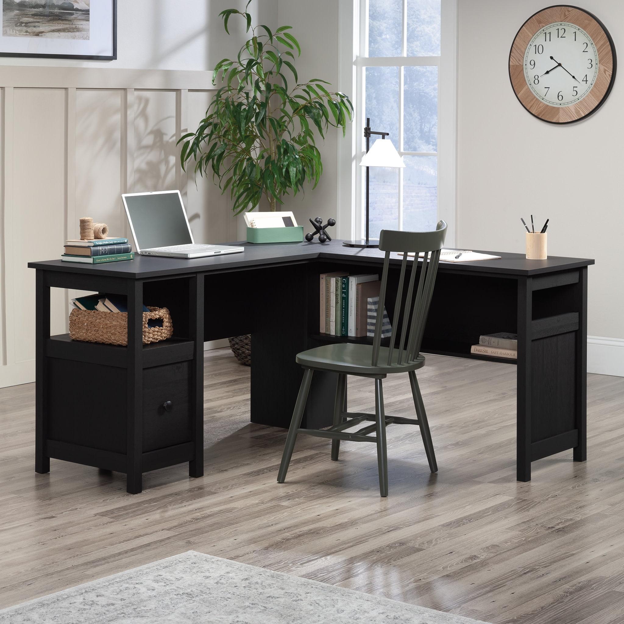 Sauder Dawson Trail Modern L Shape Desk Raven Oak: Home Office Furniture with File Drawer & Cord Management