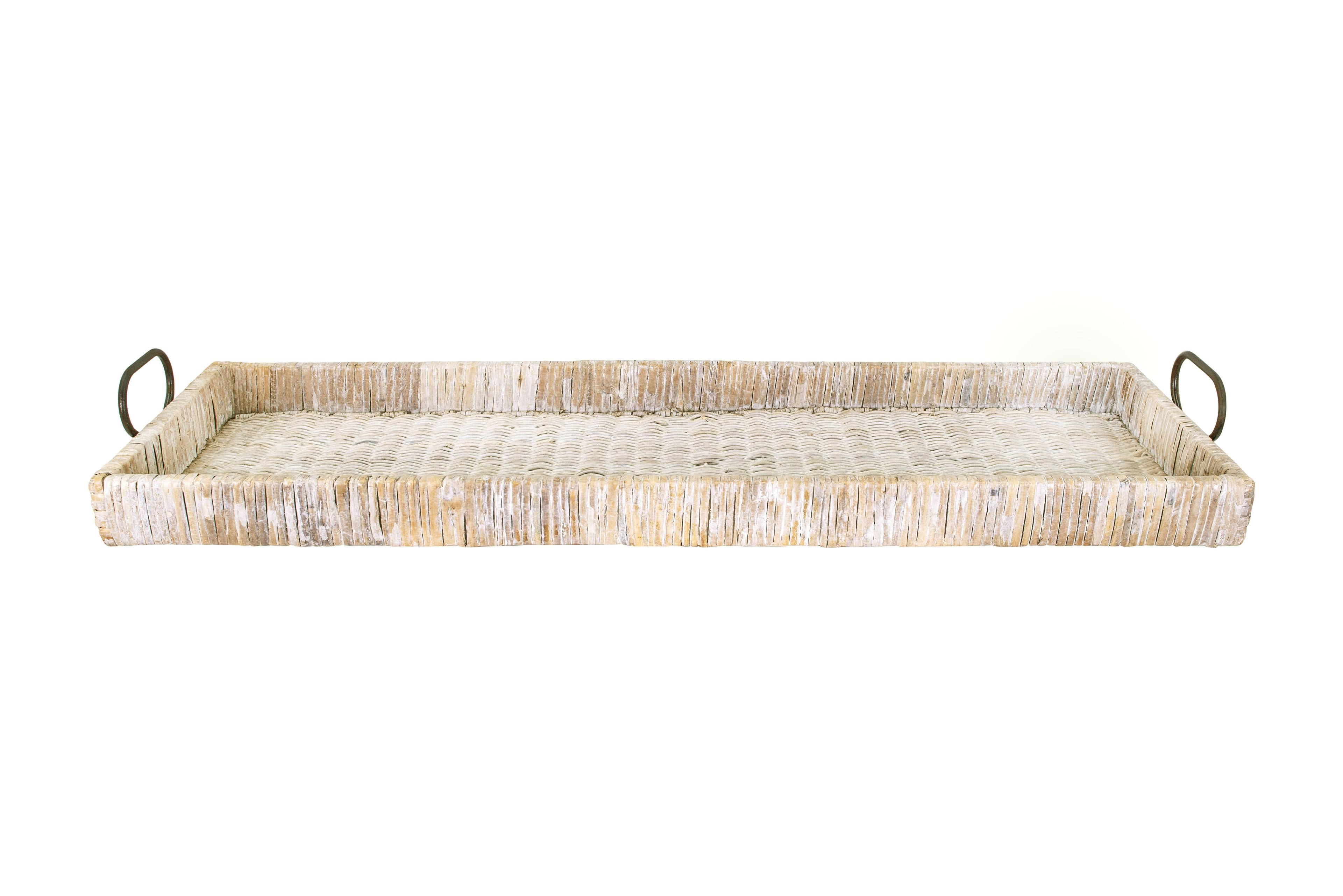 Whitewashed Tan Rattan Oversized Tray with Metal Accents