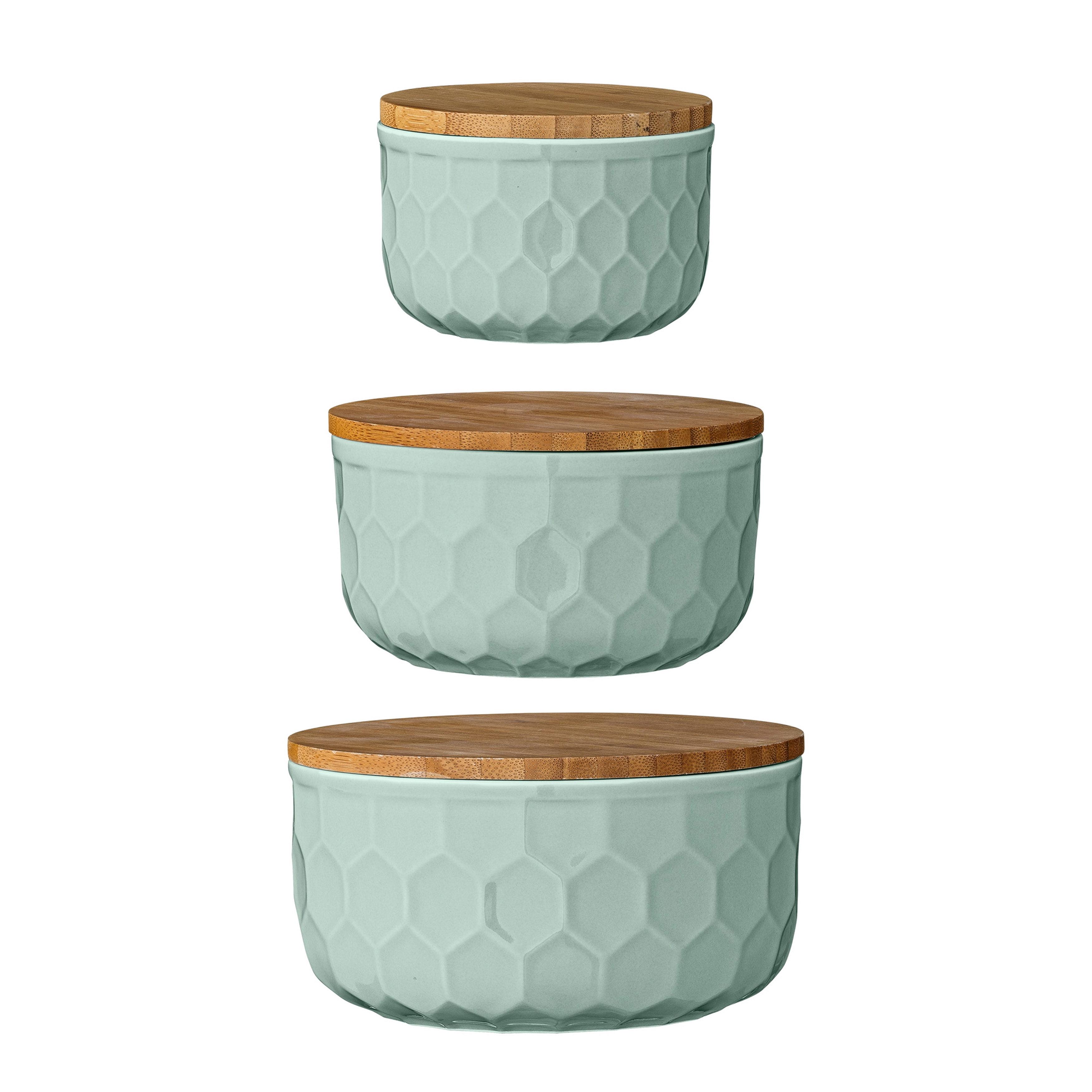 Mint Green Ceramic Bowls with Bamboo Lids, Set of 3