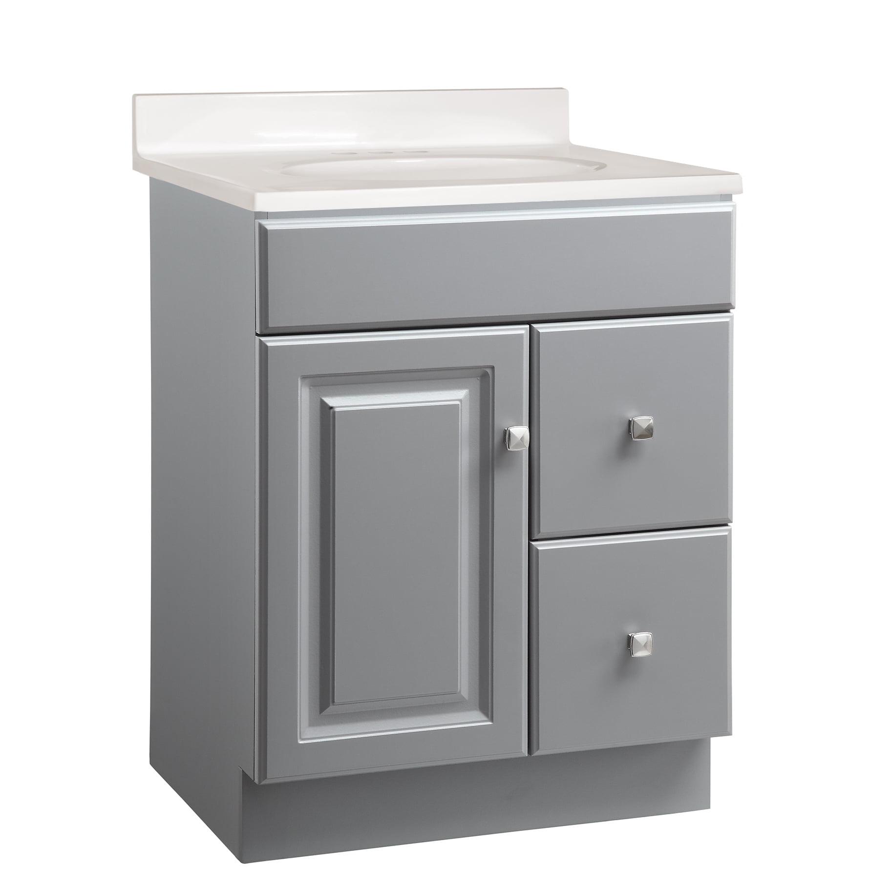 Gray Wood Freestanding Single Sink Bathroom Vanity with Cultured Marble Top