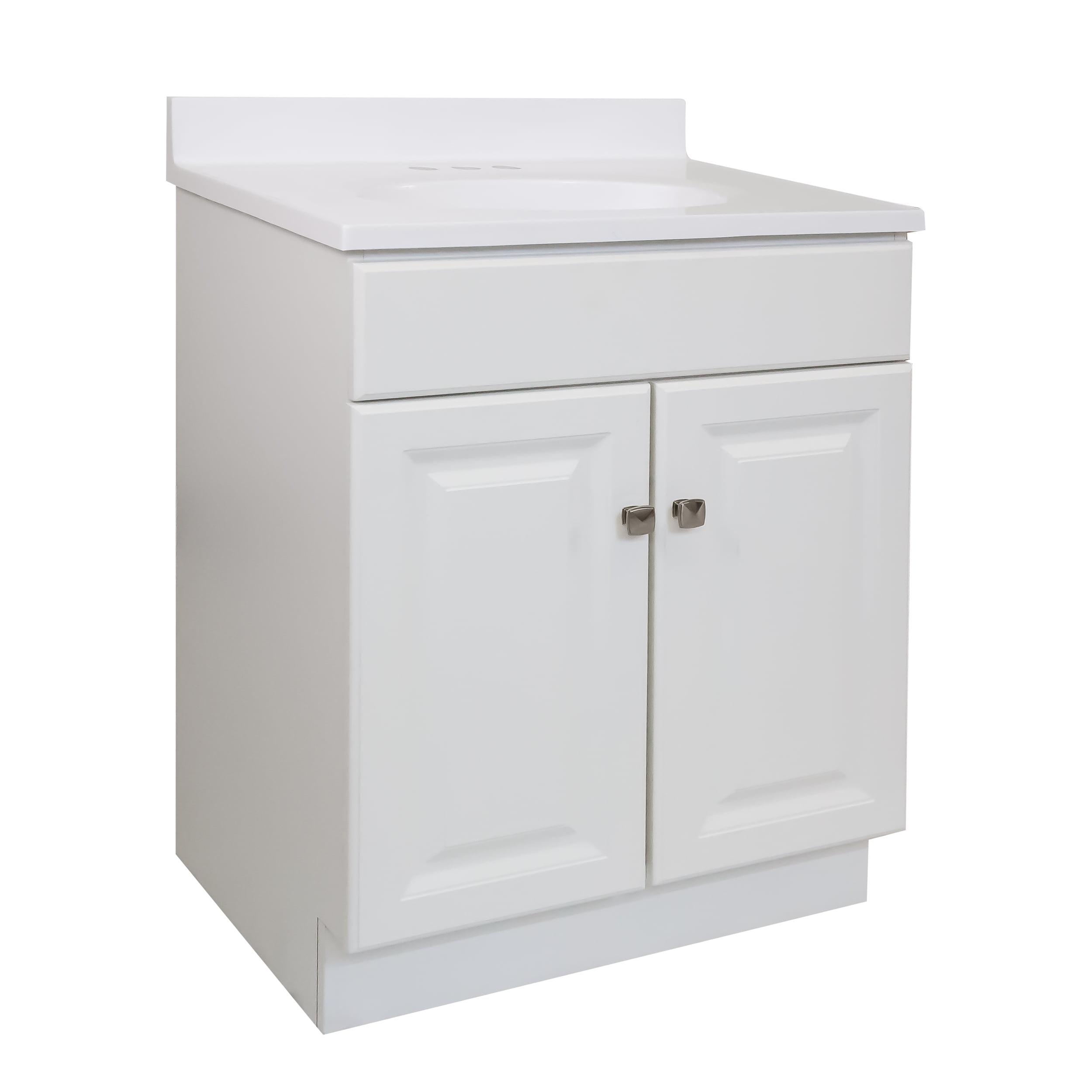 White Cultured Marble 25-Inch Bathroom Vanity with Satin Nickel Knobs