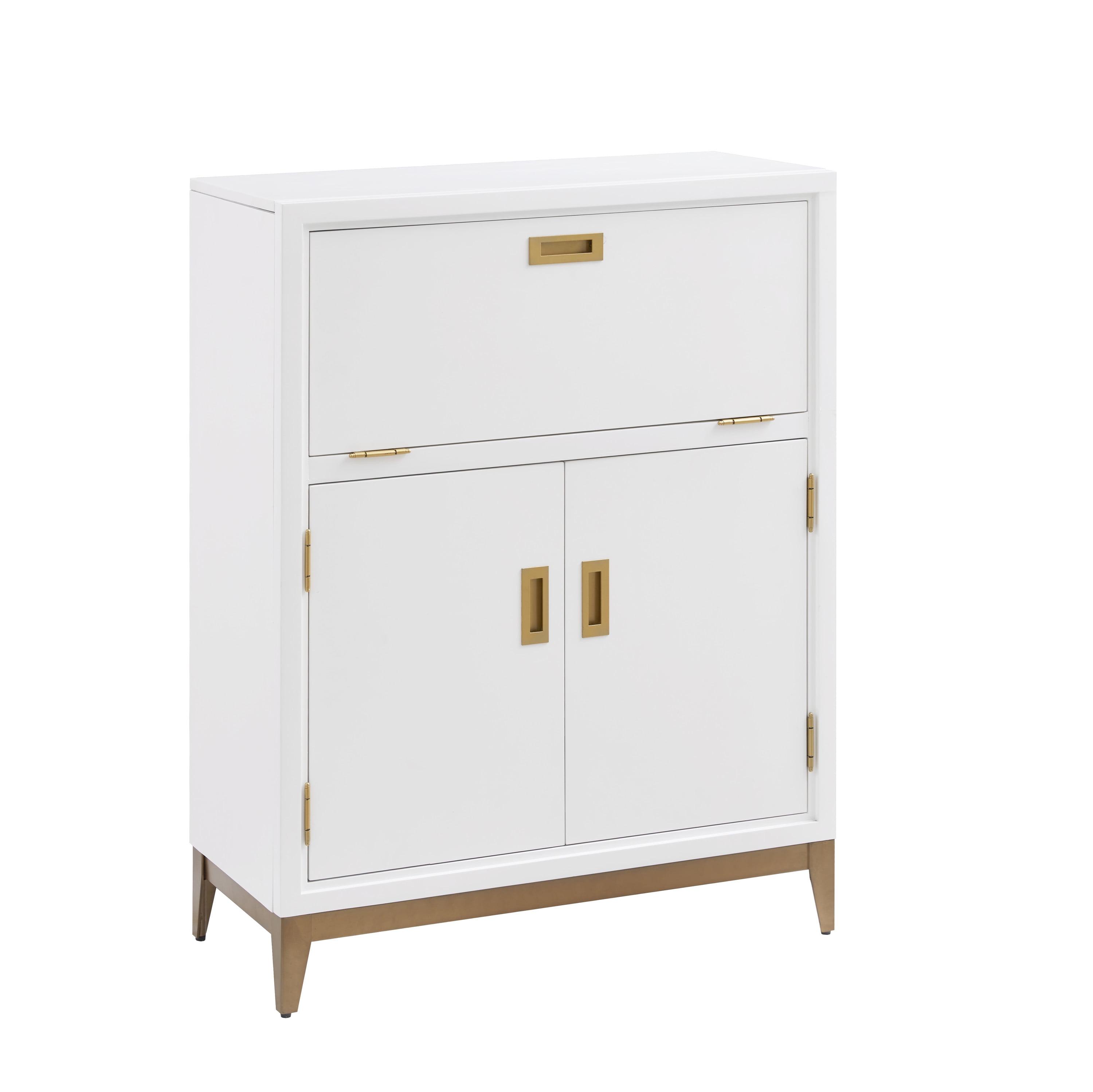 Elegant White and Gold Drop-Lid Hideaway Desk with Storage