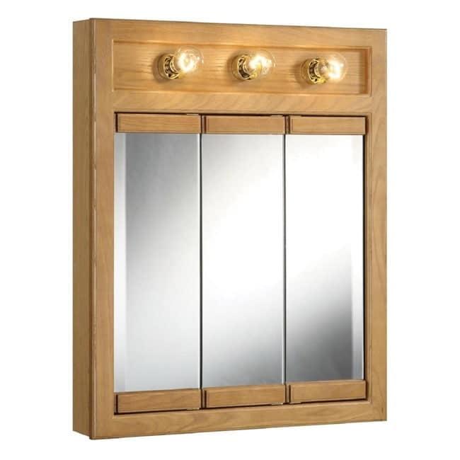 Nutmeg Oak Tri-View 24" Lighted Medicine Cabinet with Mirrored Doors