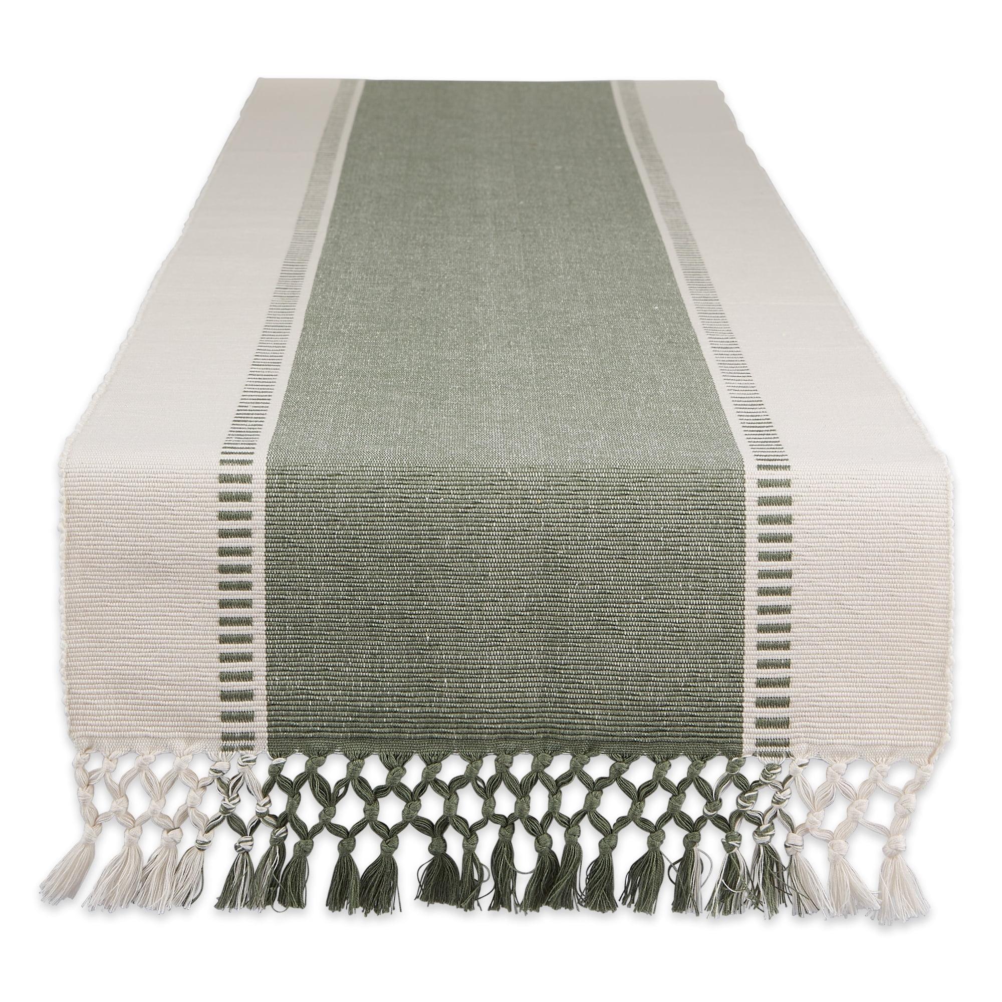 Artichoke Green and Off-White Cotton Dobby Stripe Table Runner 13x108"