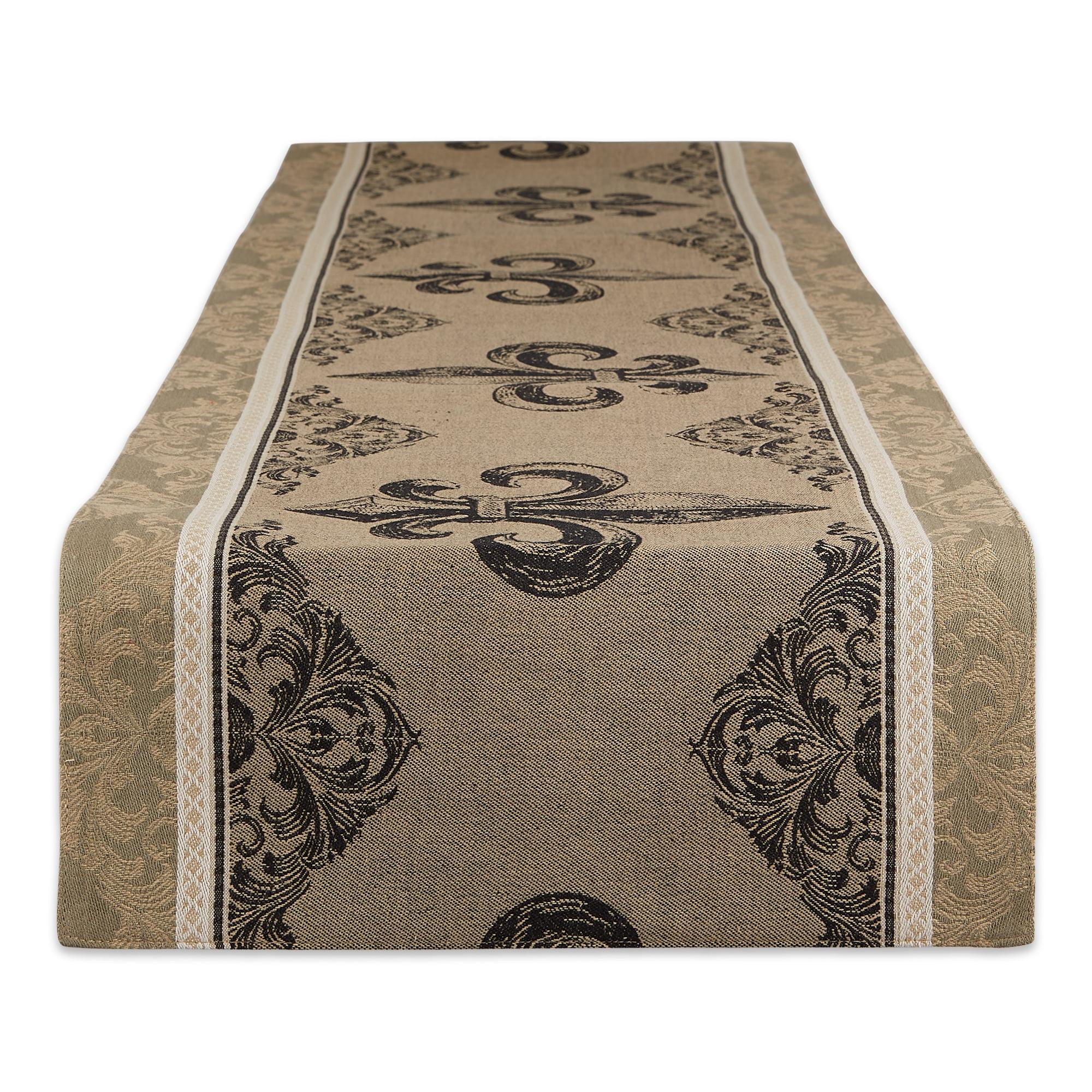 Beige and Black Cotton Fleur De Lis Jacquard Table Runner