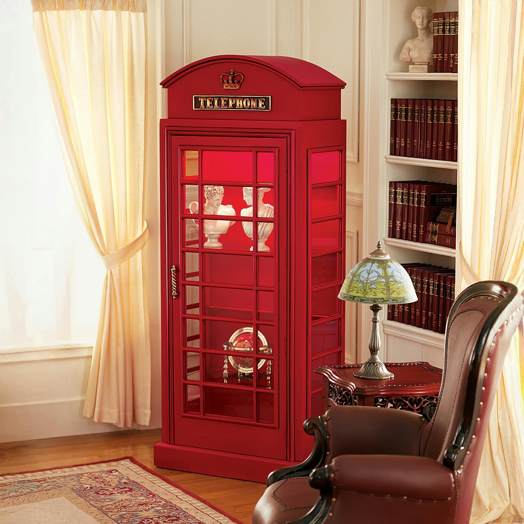 British Red Telephone Booth Display Cabinet with Glass Shelves