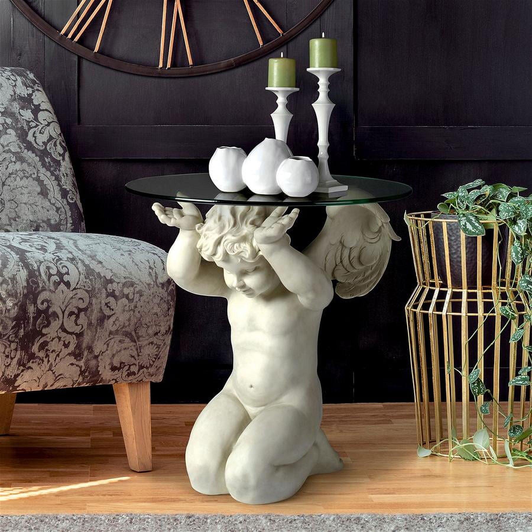 Celestial Cherub 21" Glass-Topped Resin End Table in Antique Stone