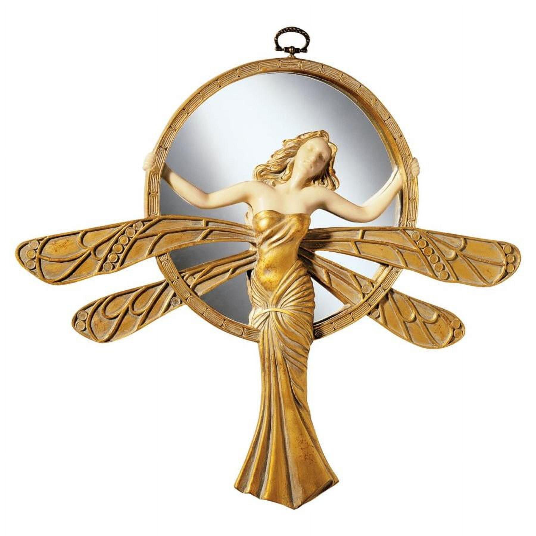Art Deco Dragonfly Maiden 13" Gold and Ivory Round Wall Mirror