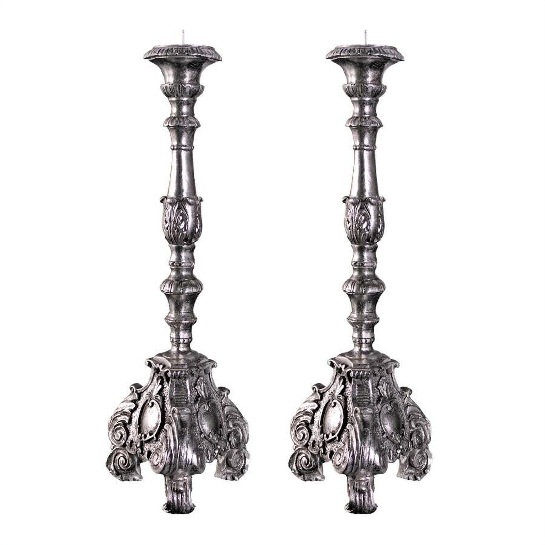 Elegant Baroque Scroll-Footed Silver Leaf Resin Candlesticks, Set of 2