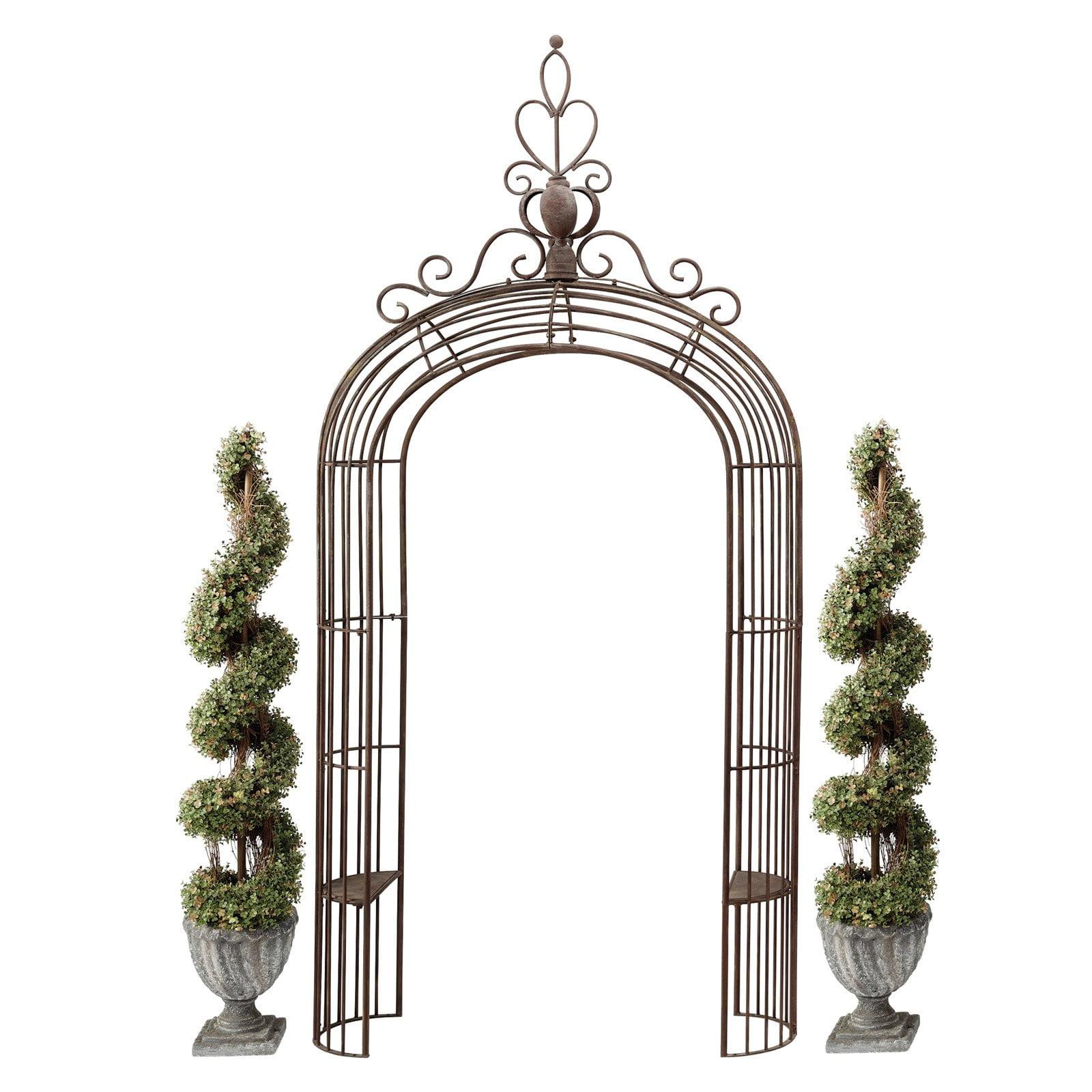 Bronze Steel Garden Arbor with Ornate Finial and Bench