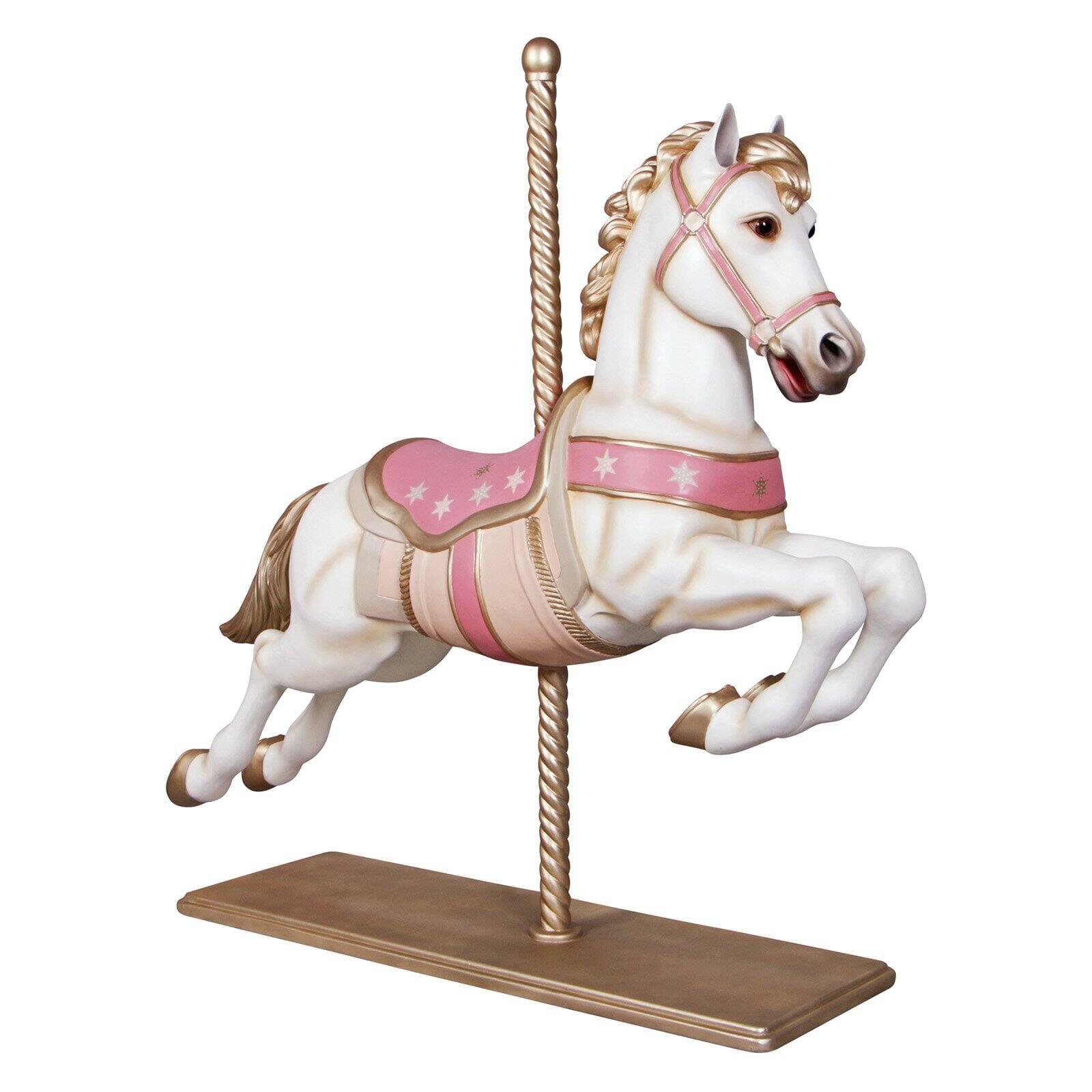 Full-Size White and Pink Resin Carousel Horse Statue