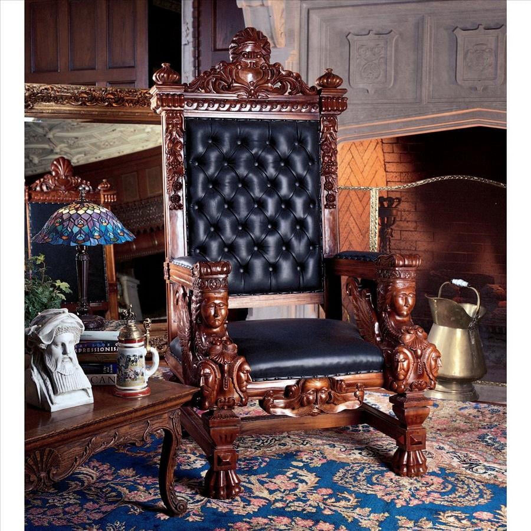 Regal Black Leather and Mahogany Handcrafted Throne Chair