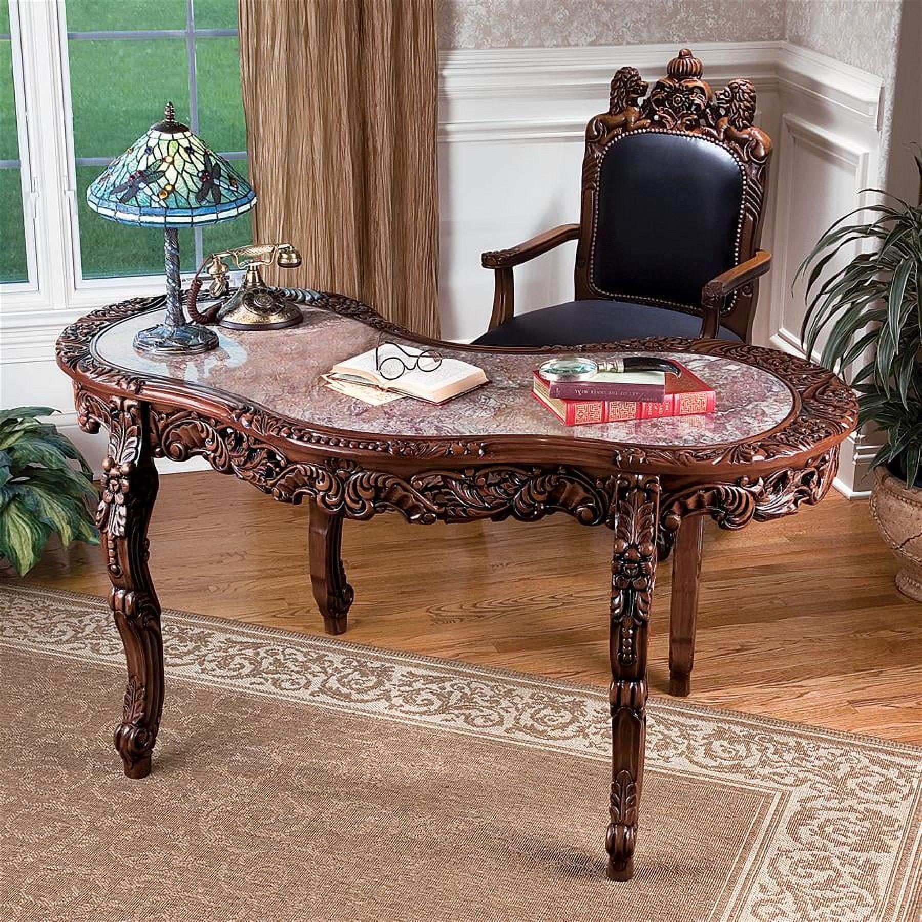 Hand-Carved Brown Wood Executive Desk with Marble Top