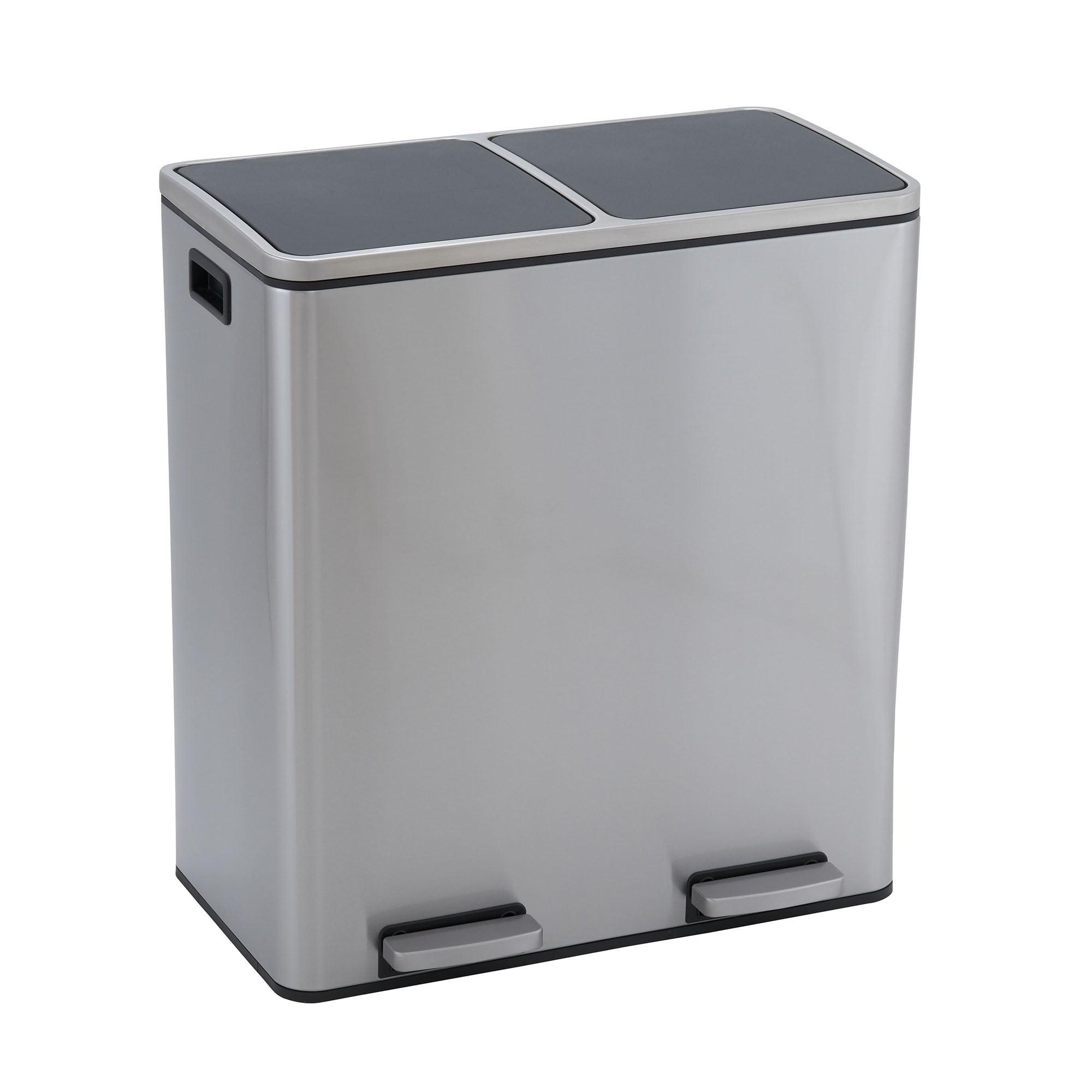 Dual Compartment Trash Can with 30 Liter / 8 Gallon Medium Bins, Stainless Steel, for Trash and Recycling