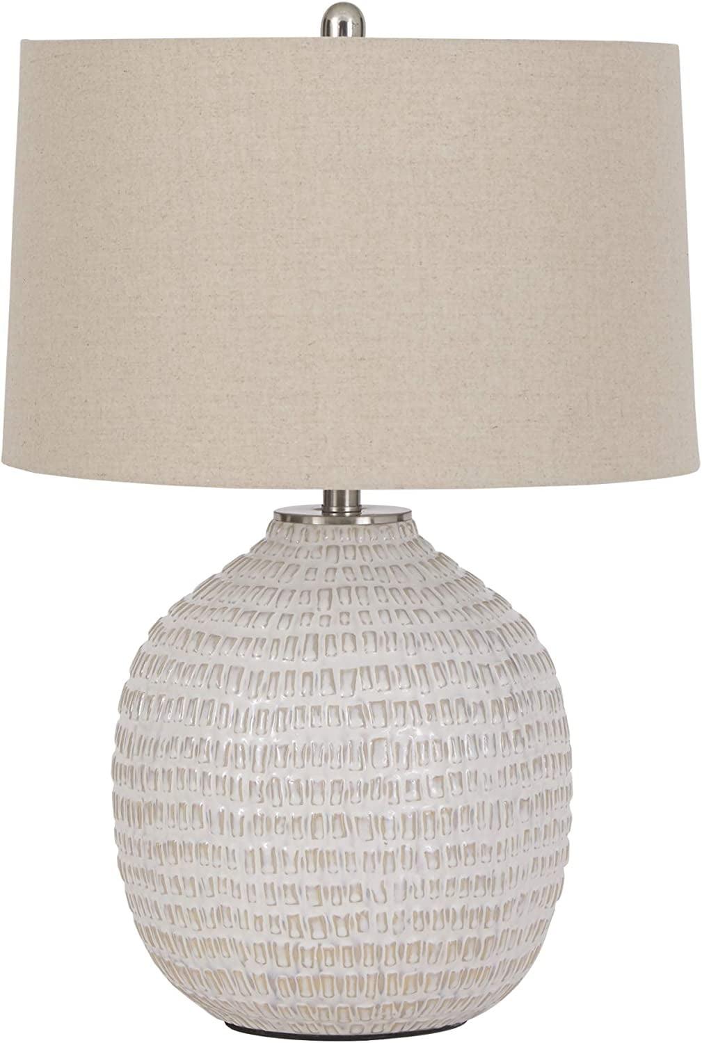 Beige Ceramic Table Lamp with Natural Shade and 3-Way Switch