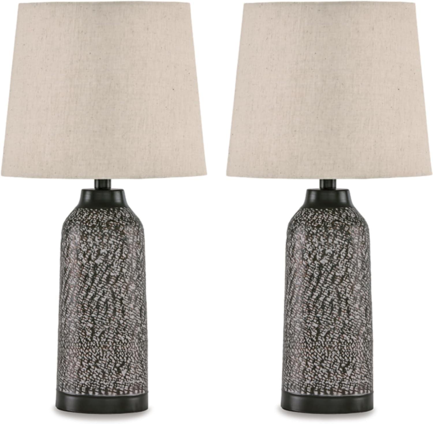 Antique Bronze Hammered Metal Table Lamp Set with Linen Shades