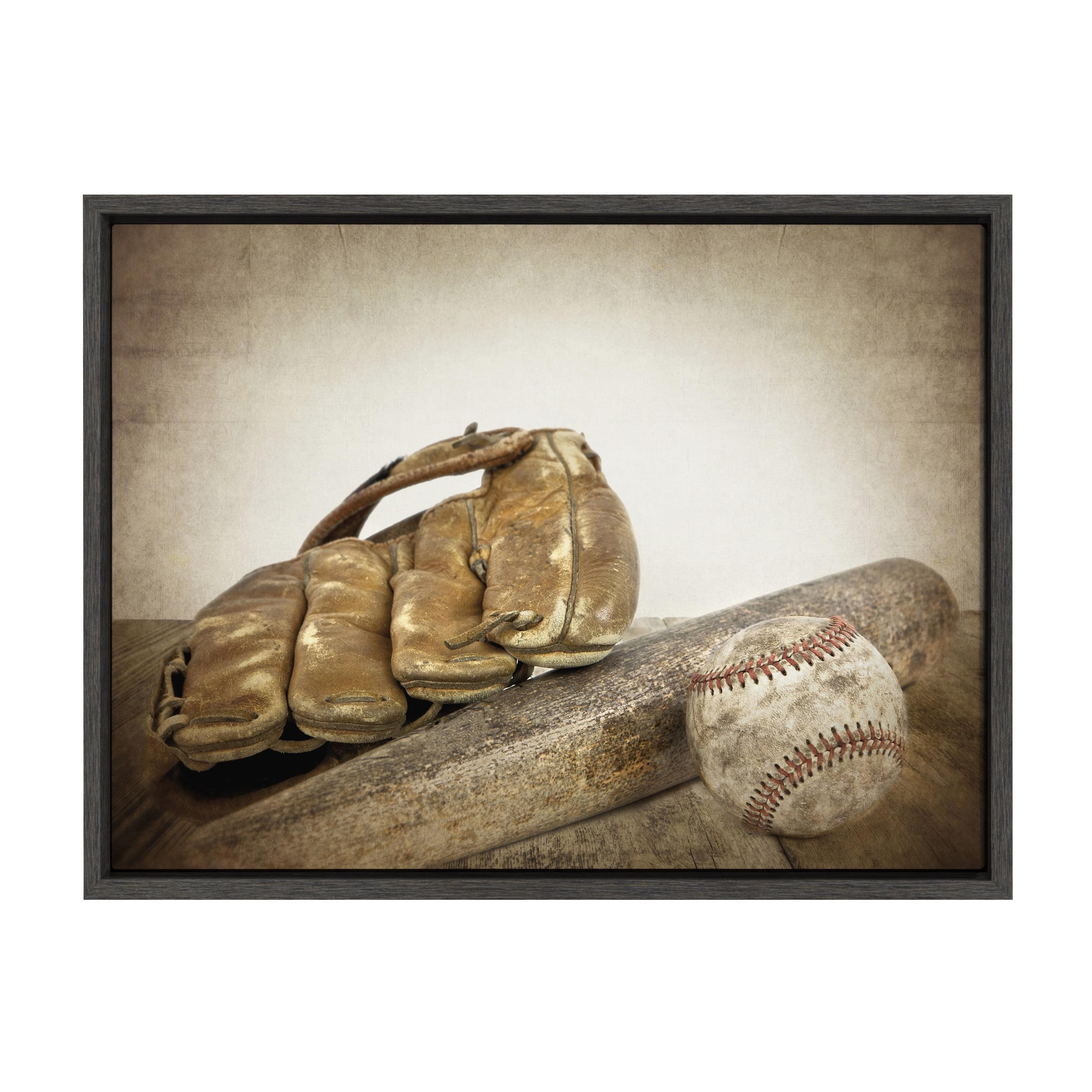 DesignOvation 18" x 24" Sylvie Baseball Glove And Bat Framed Canvas by Shawn St. Peter: Vintage Sports Wall Decor