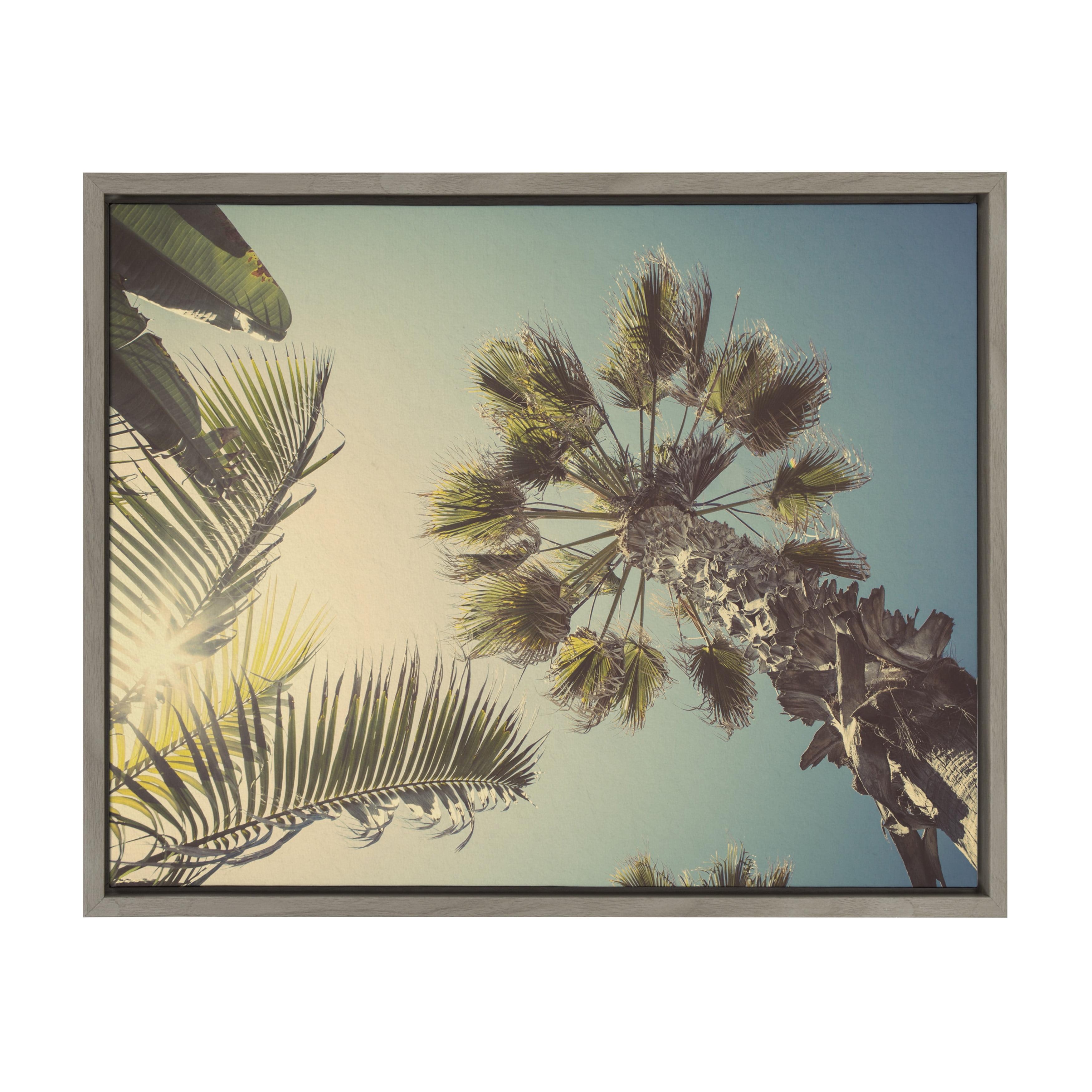 Palm Tree Sunburst Coastal Canvas Wall Art in Gray Frame