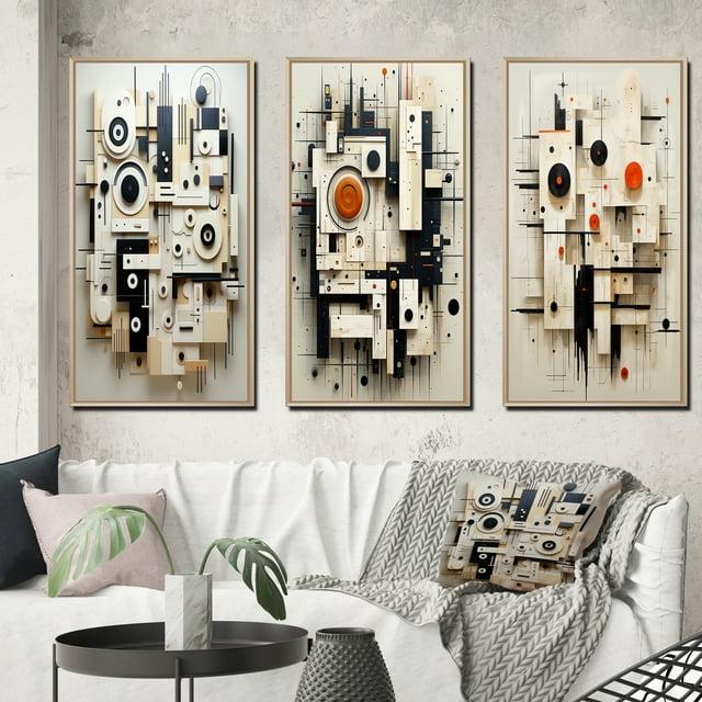 Designart "Abstract Urban Vision Black and White III" Modern Geometric Framed Wall Art Set Of 3 - Black Abstract Frame Canvas Set For Living Room Decor