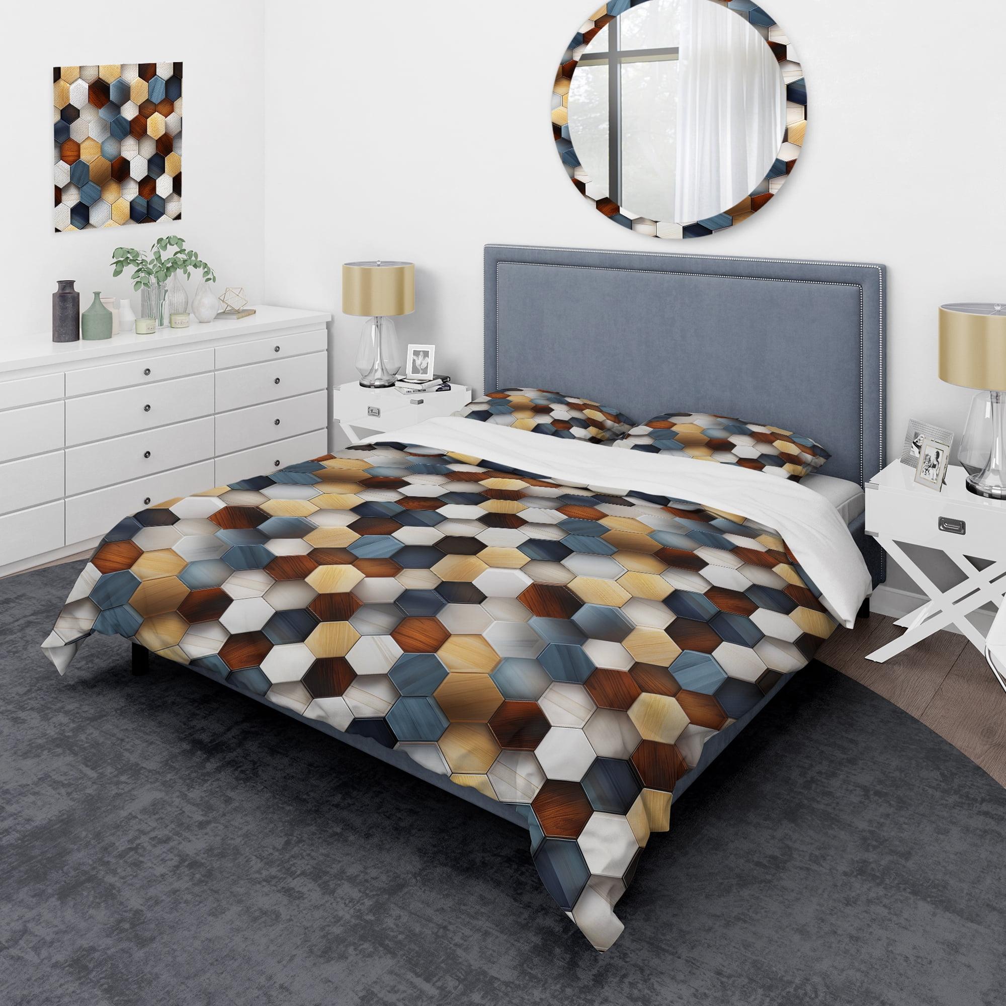 Modern Geometric Hexagon Pattern Duvet Cover Set in Orange and Grey