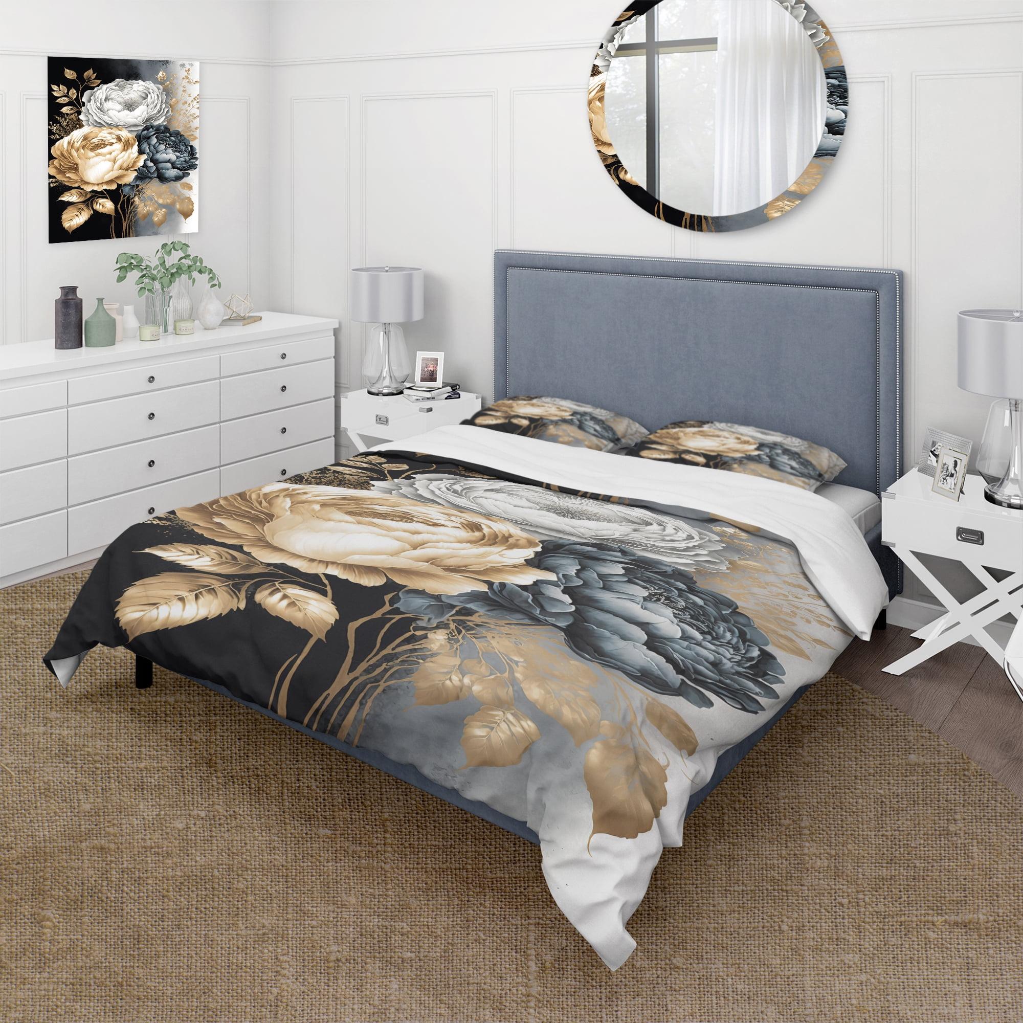 Design Art White, Gold And Black Rose Bouquet I - Floral Rose Duvet Cover Set - Microfiber Polyester