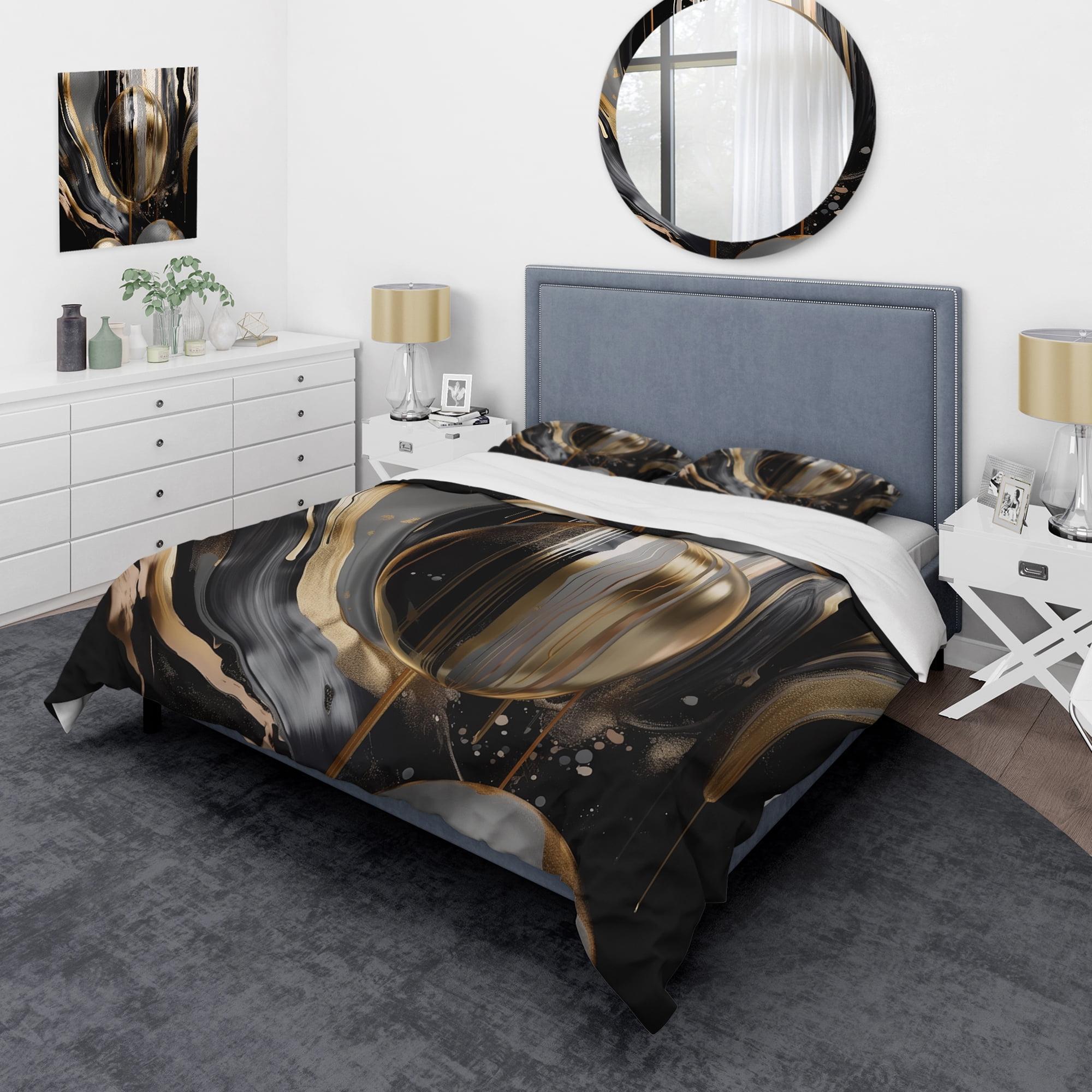 Twin Gold and Black Abstract Marble Microfiber Duvet Cover Set