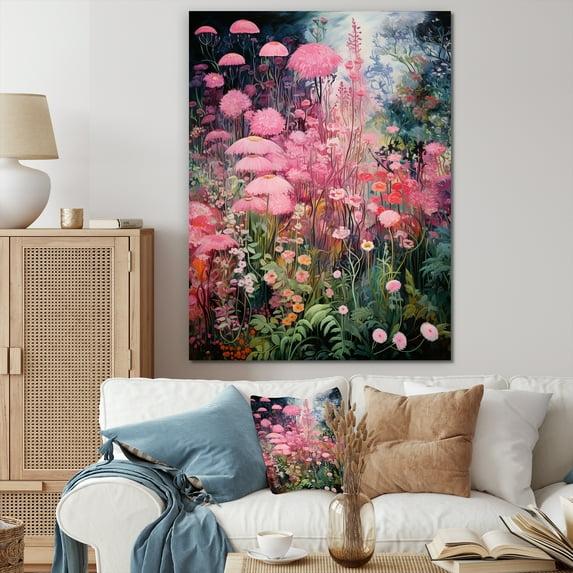 Designart "Enigmatic Pink and Green Garden Flowers V" Abstract Canvas Wall Art - Modern Pink Tachisme Hallway Wall Art Decor