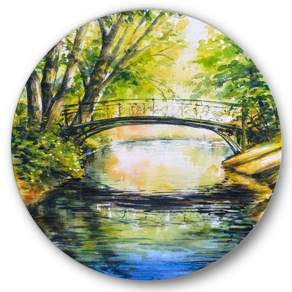 Designart 'Forest Park With Bridge Over Troubled Water' Lake House Circle Metal Wall Art 29x29 - Disc of 29