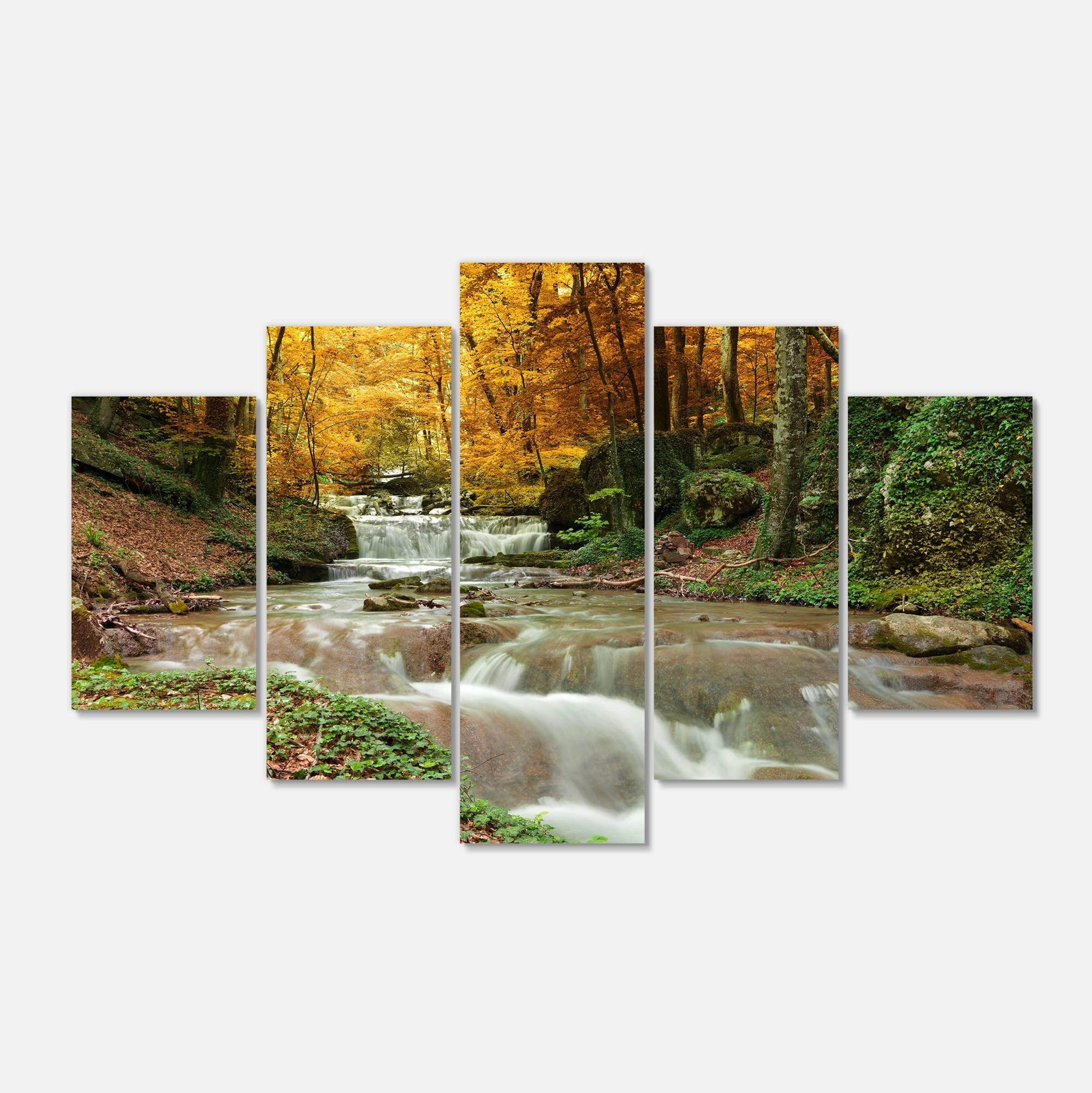 " Forest Waterfall With Yellow Trees " 5 - Pieces