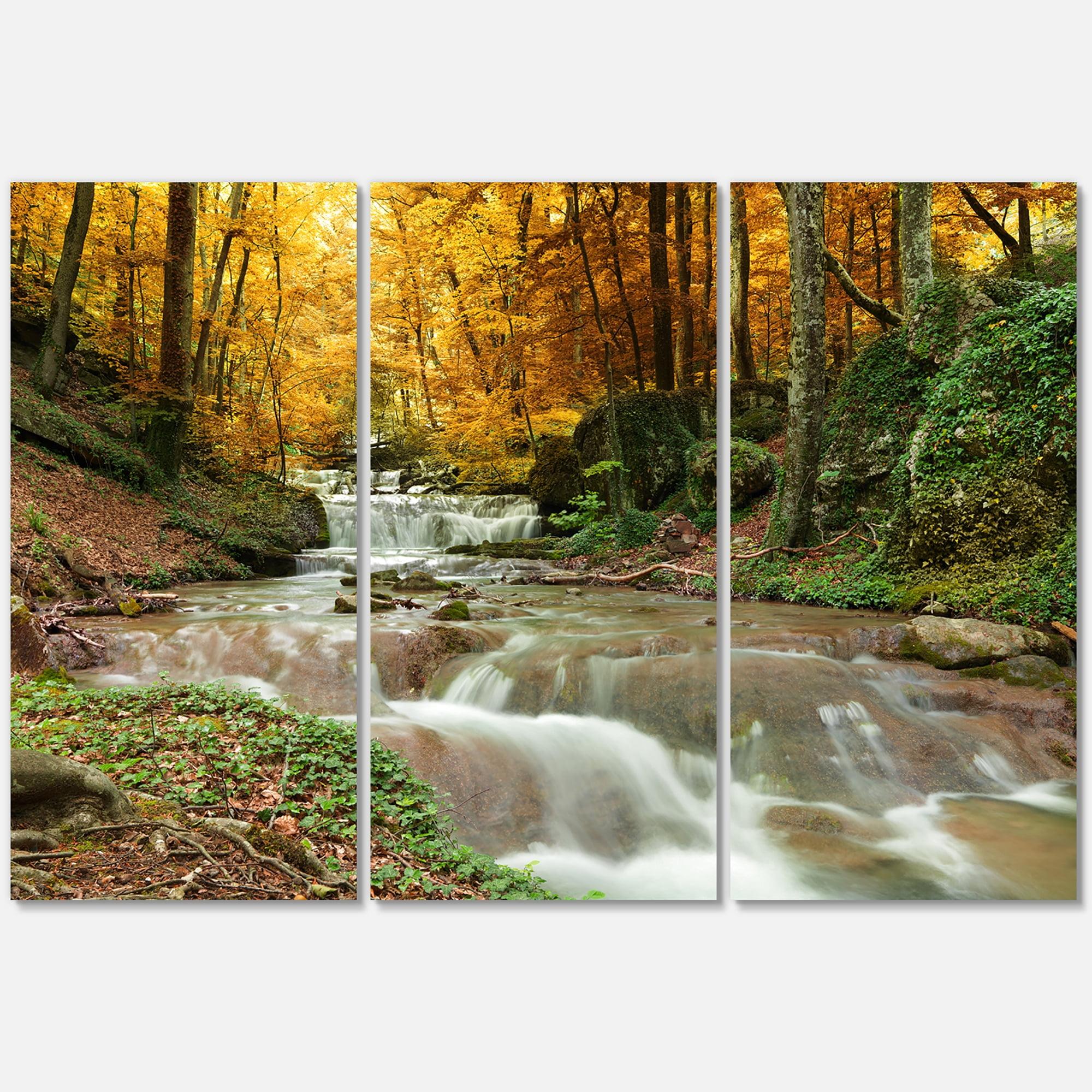 Design Art " Forest Waterfall With Yellow Trees " 3 - Pieces