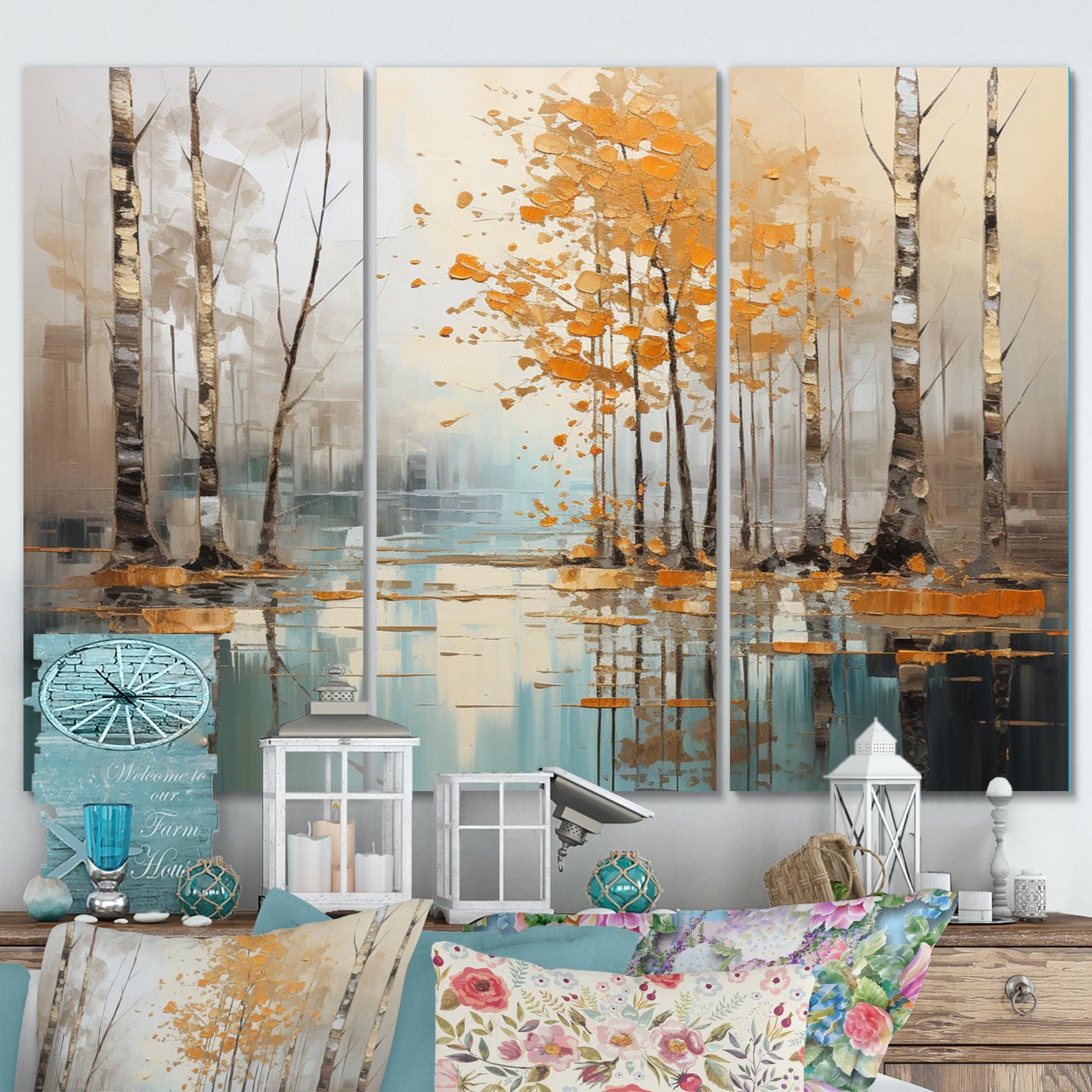 Design Art Birch Woods Golden Reflections I - Tree Birch Metal Wall Art Set
