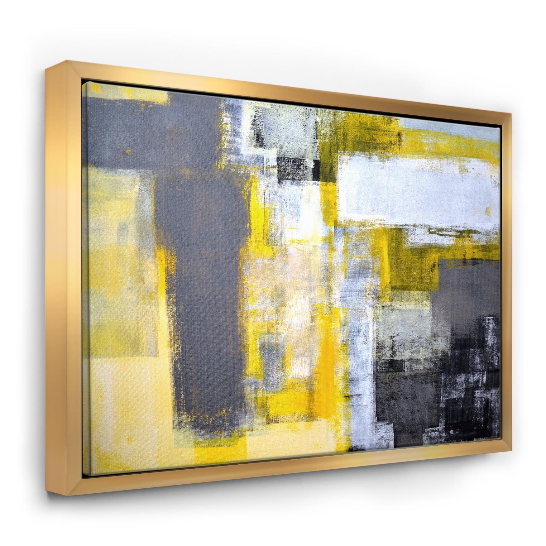 Large Yellow and Gray Abstract Canvas Print with Gold Frame