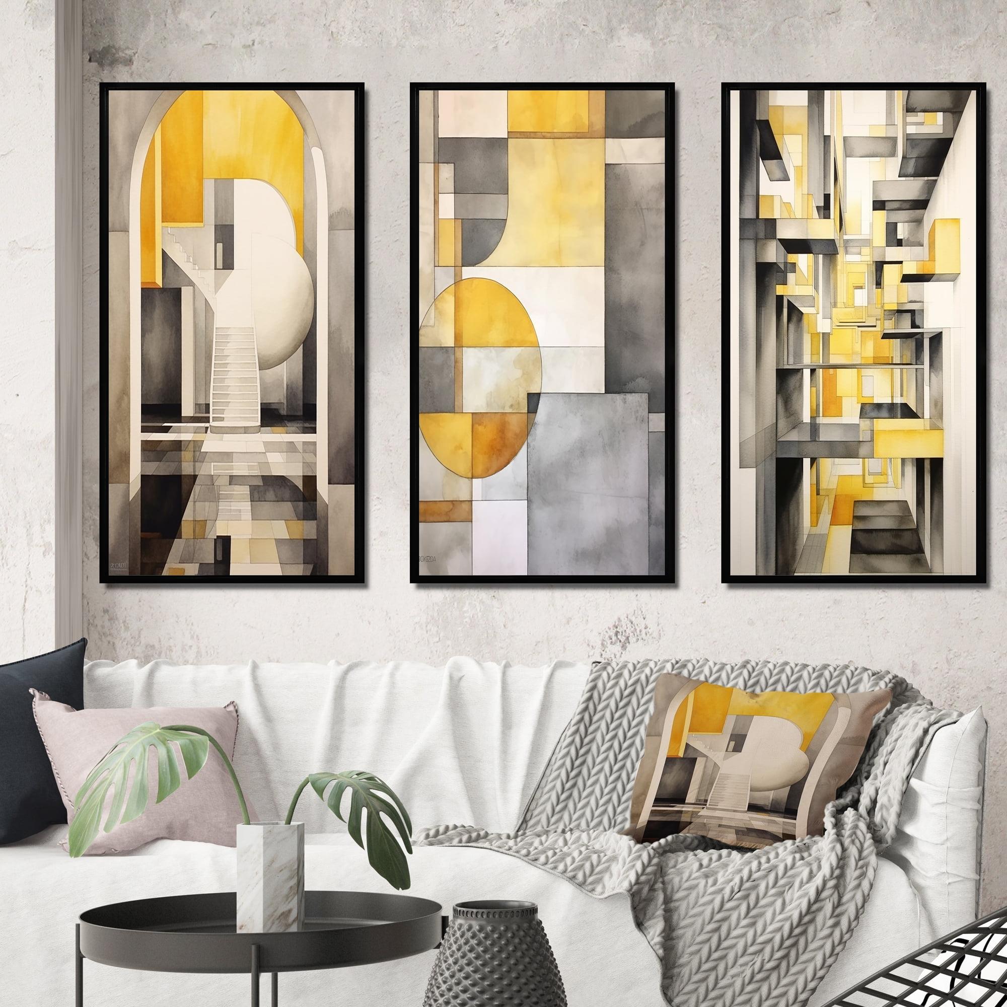 Designart "Intersecting Realities in Yellow and Grey III" Abstract Shapes Framed Wall Art Set Of 3 - Yellow Shapes Frame Canvas Set For Living Room Decor
