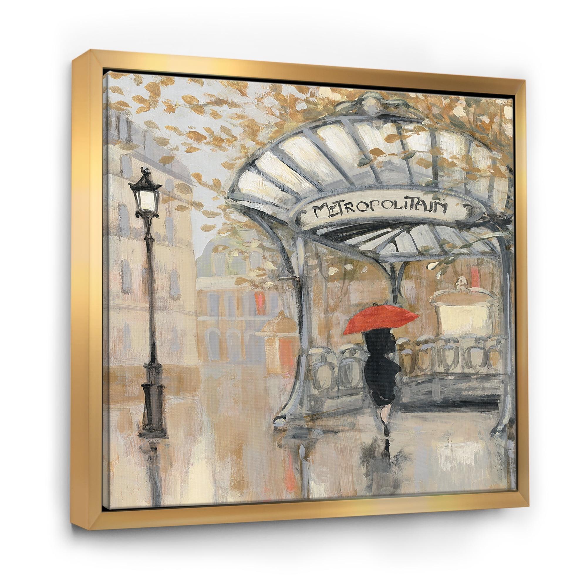 Romantic Parisian Scene Gold Framed Canvas Art