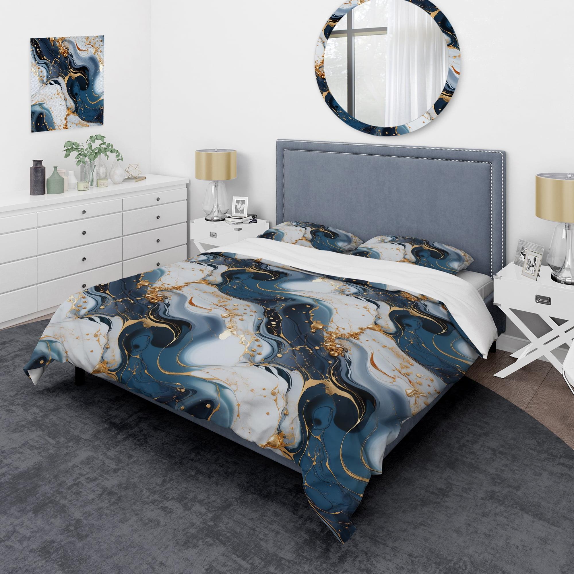 Twin Blue and Gold Marble Pattern Duvet Cover Set