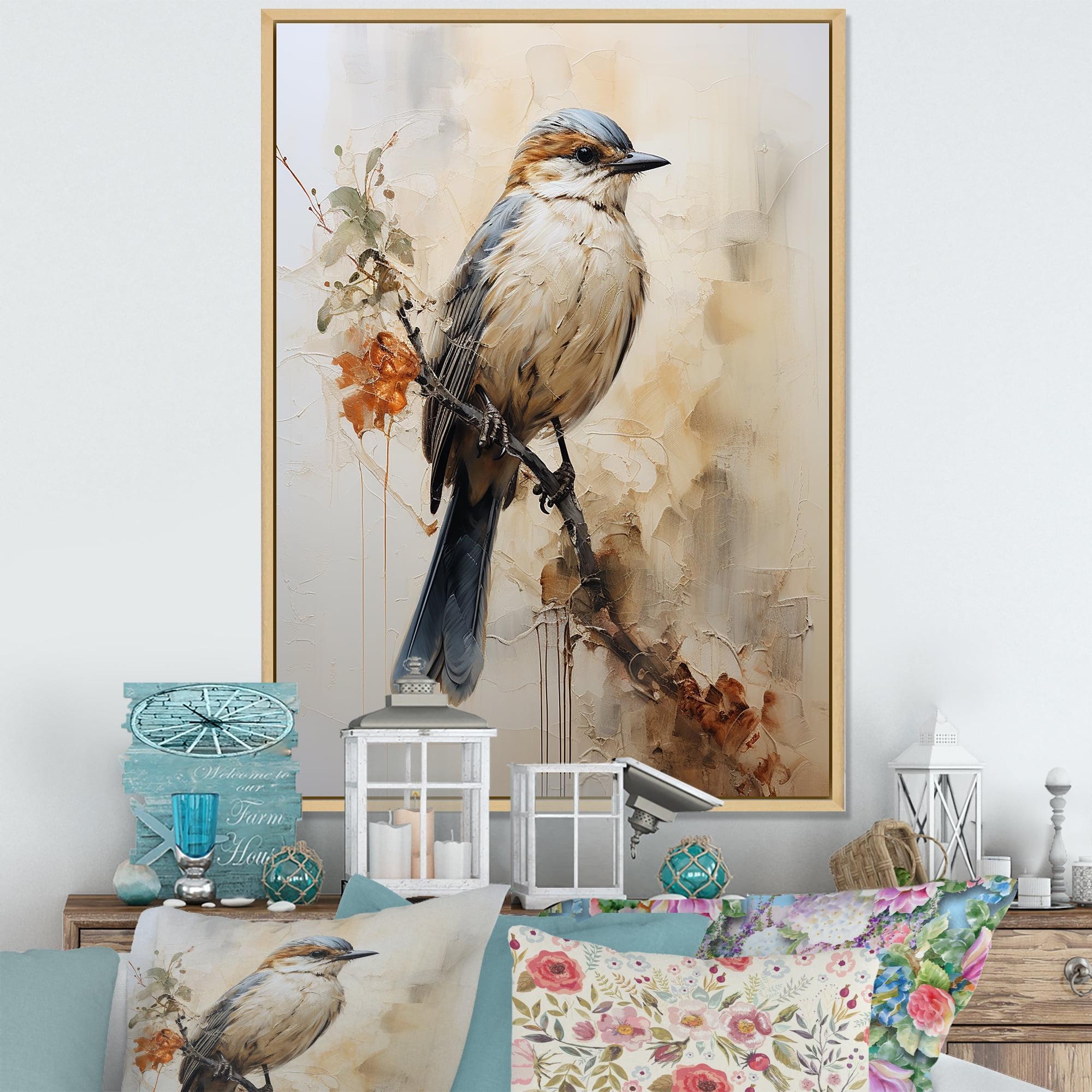 Beige and Blue Bird on Branch Canvas Print with Maple Frame