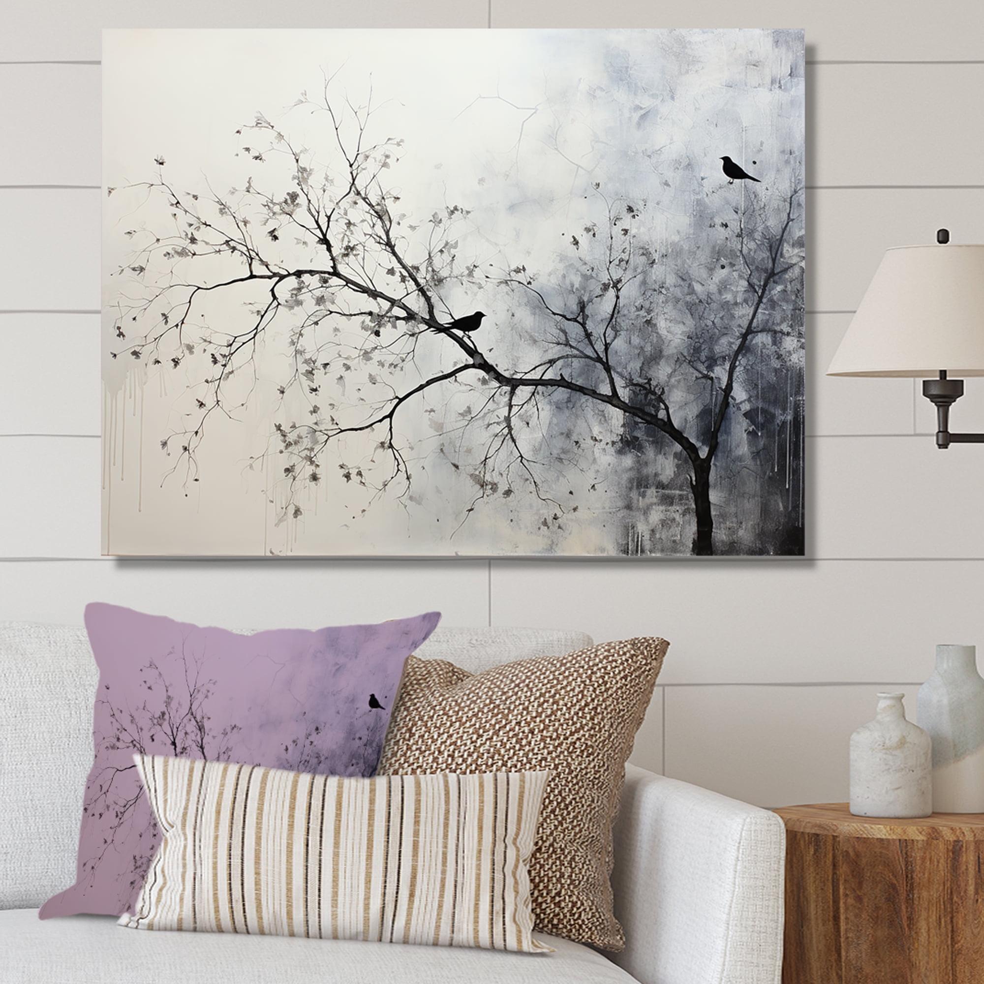 Monochrome Birds on Branch Canvas Art Print