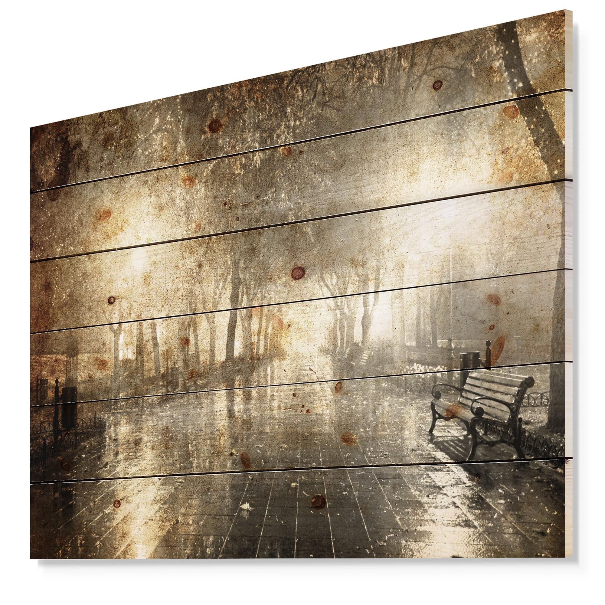 Designart Night Alley with Lights Landscape Print on Natural Pine Wood Photography, 20" x 12"