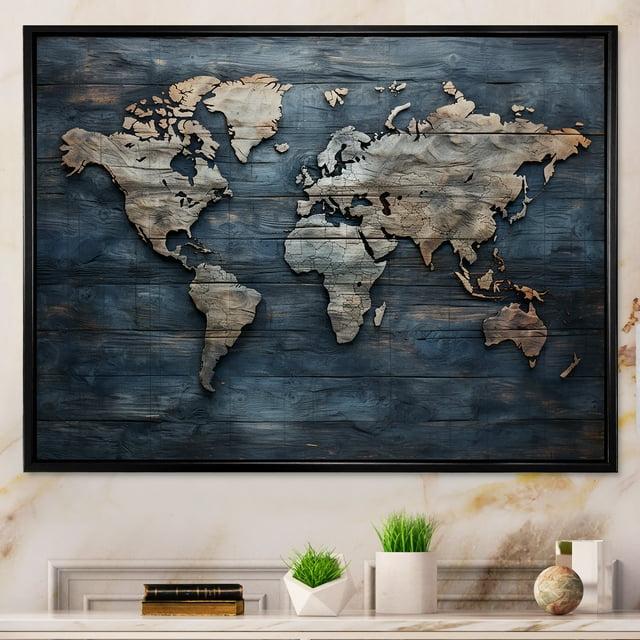 Designart "Rustic Pathways On The World Map II" World Map Floater Framed Canvas Wall Art