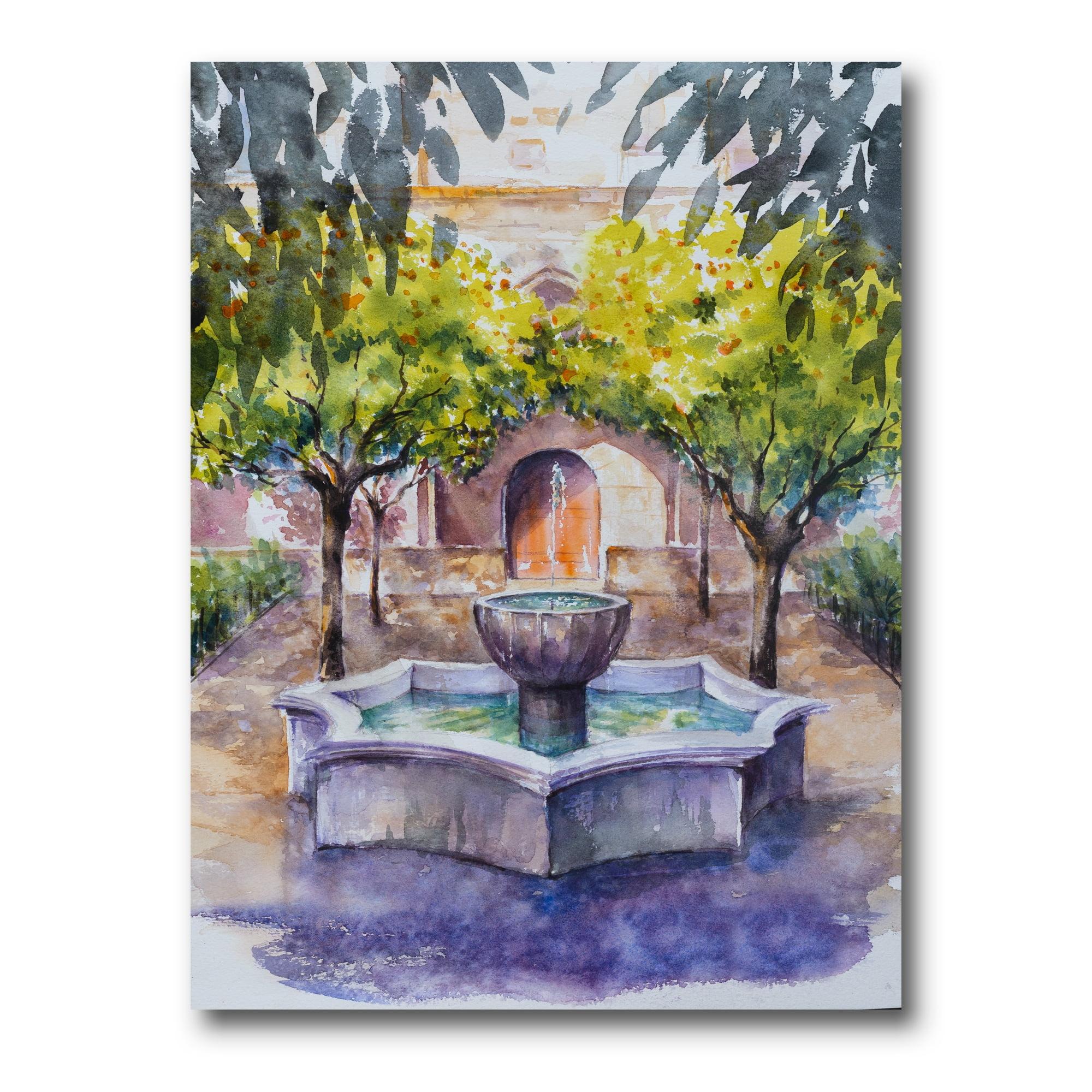 Designart ' Small Fountain With Trees In The Village House ' Country Canvas Wall Art Print