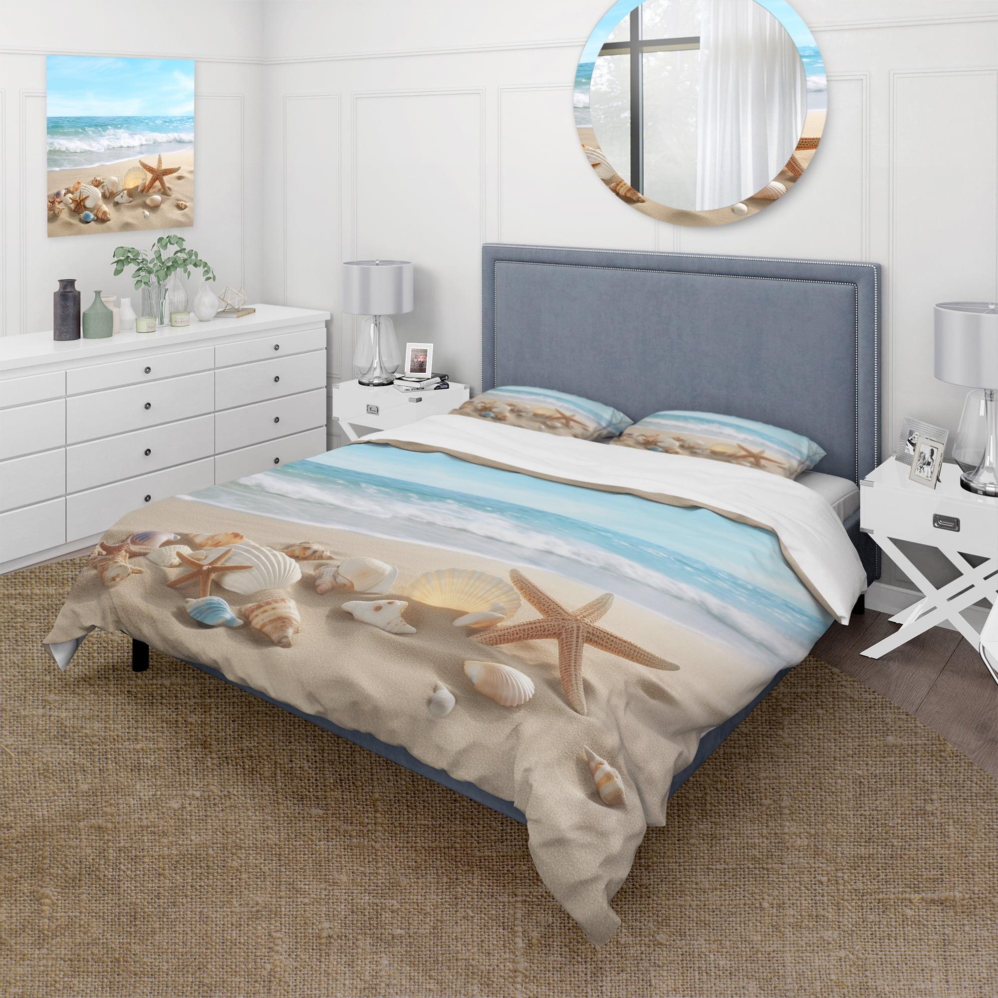 Starfish and Seashells Twin Beige and Blue Microfiber Duvet Cover Set