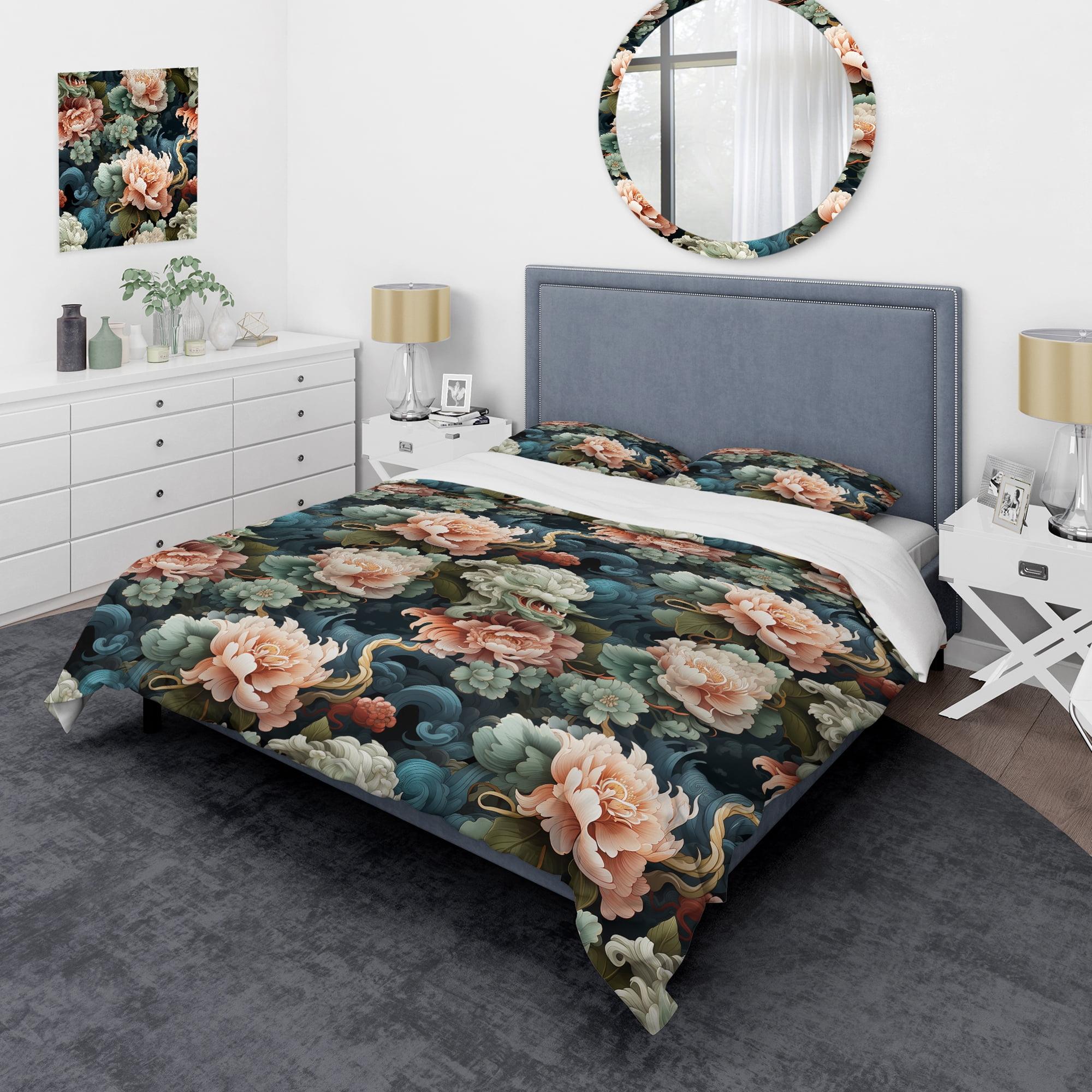 Twin Peach and Green Floral Microfiber Duvet Cover Set