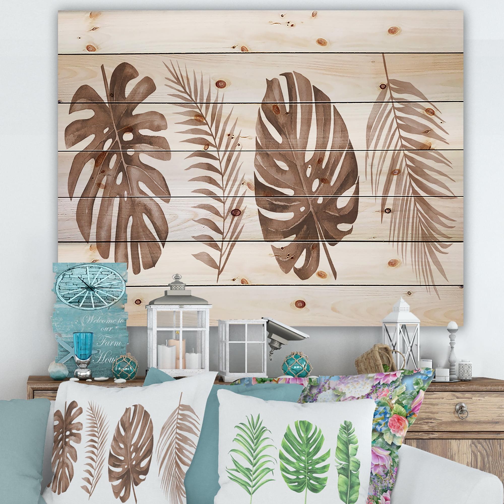 Designart 'Tropical Palm and Monstera Leaf In Terracotta' Traditional Print on Natural Pine Wood