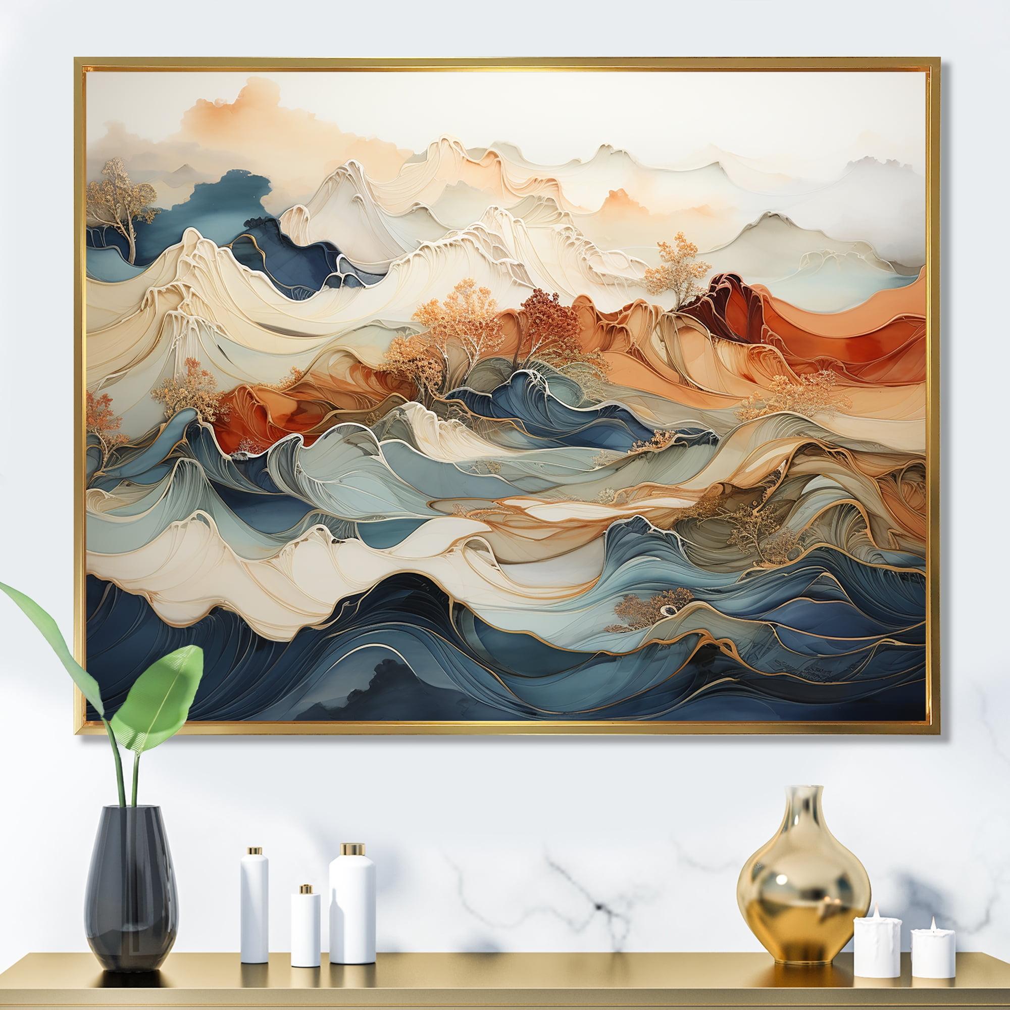 Designart "Vibrant River Ink Fusion III" Abstract Marble Floater Framed Canvas Wall Art