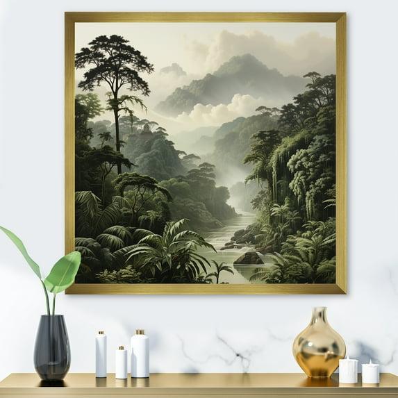 Designart "Susurros de la Jungla Vintage Ecos Del Tiempo I" Paisajes Enmarcados Decoración de Arte de Pared - Arte de Pared Enmarcado de Entrada de la Jungla Verde Tropical
